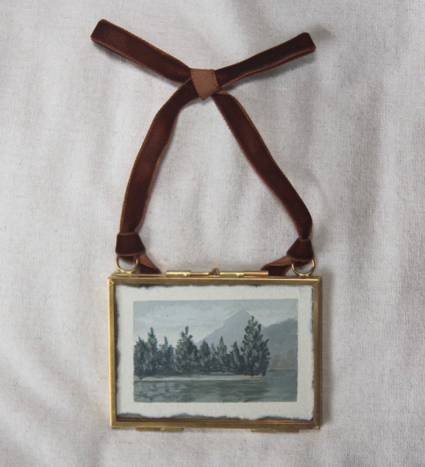 Framed mini original landscape of Lake McDonald with pine trees for 'The Journey' collection, created in glacier National Park