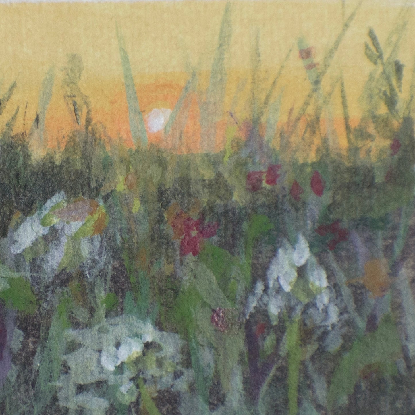 art detail of acrylic and gouache miniature painting of golden hour in a floral meadow