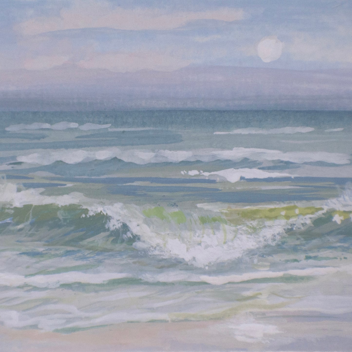Close-up detail of plein air brushstrokes and large crashing wave textures in gulf islands national seashore art