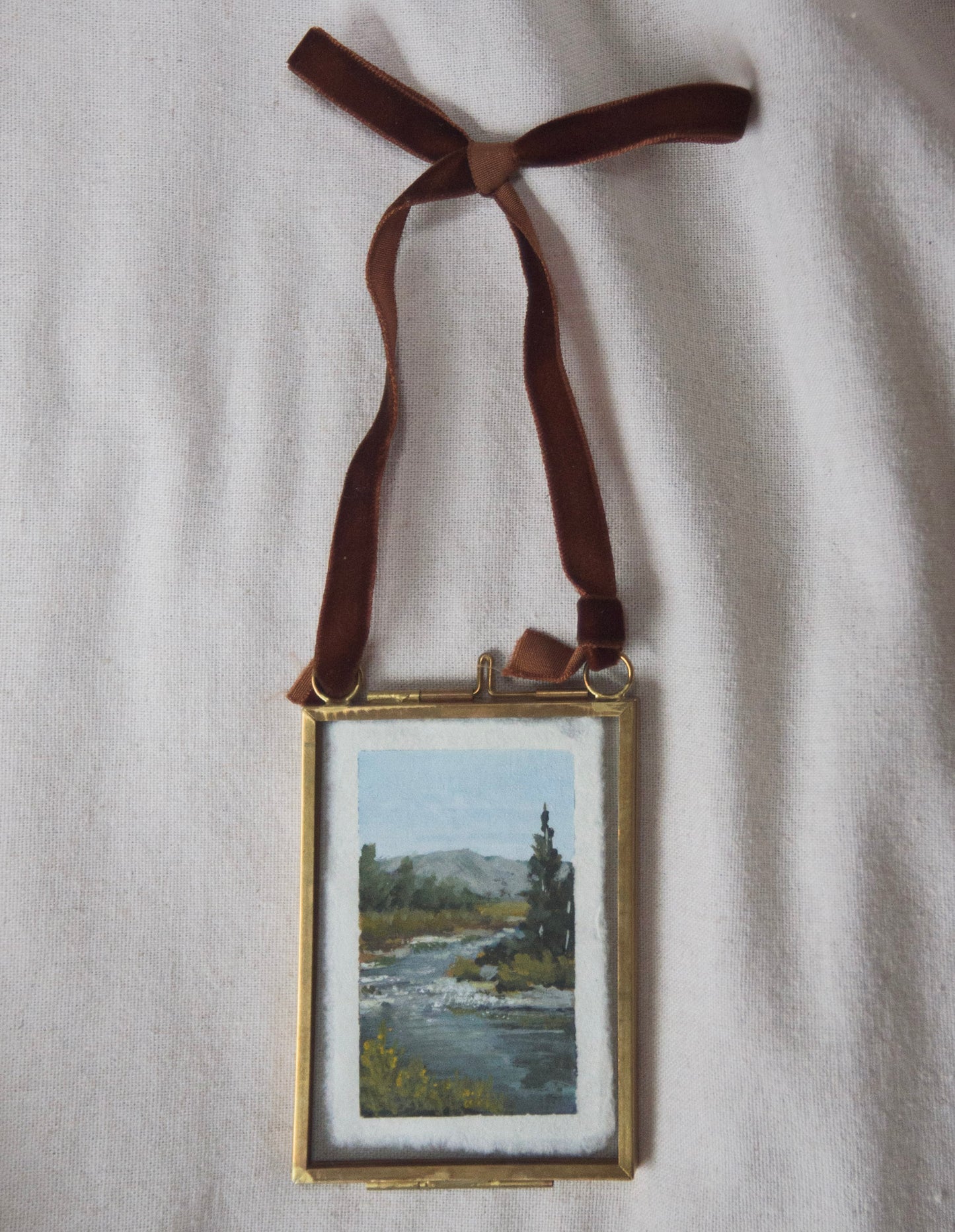 Framed Yellowstone River miniature painting from 'The Journey' National Park collection with ribbon.