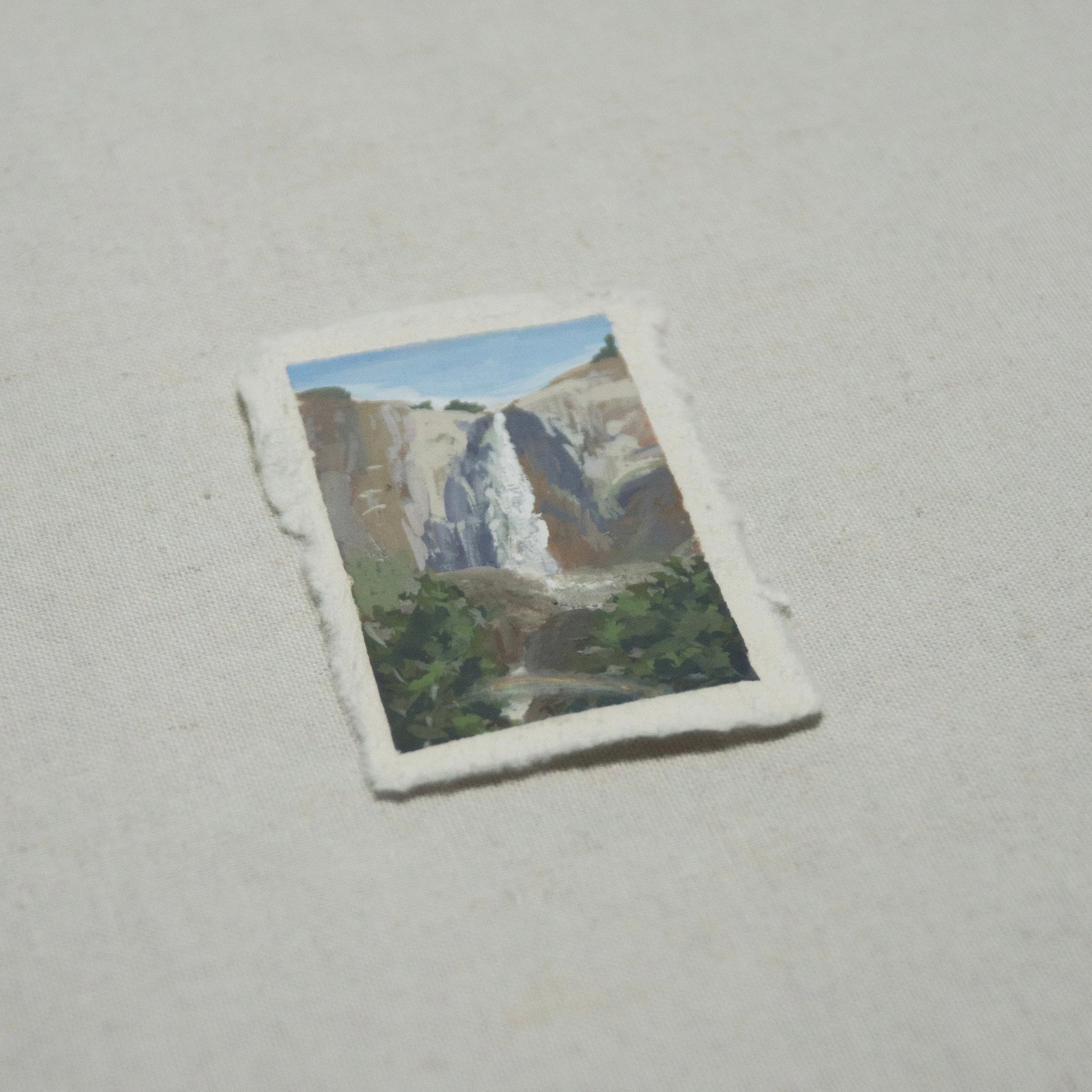 Side profile of Bridalveil Falls Yosemite painting on deckled edge 100% cotton rag paper