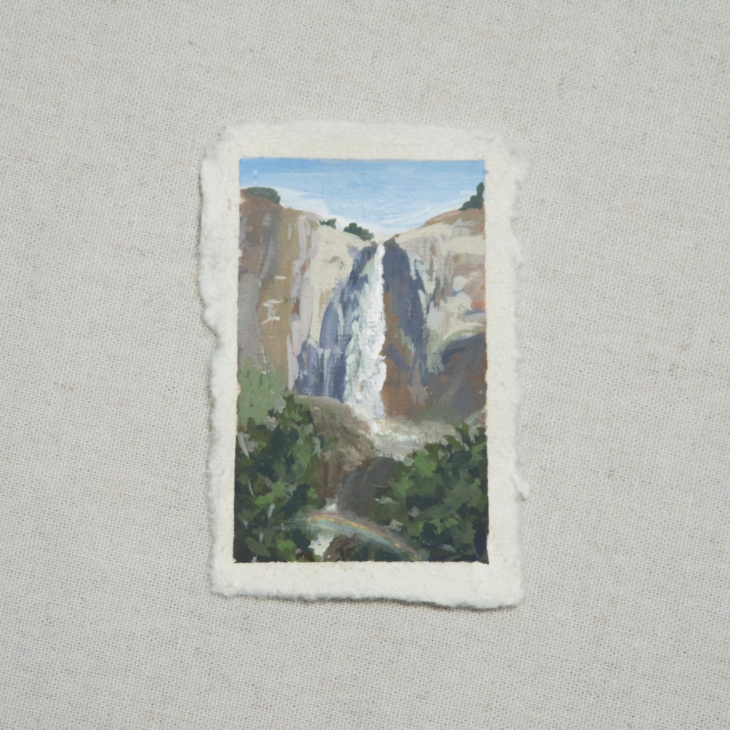 Bridalveil Falls miniature gouache painting from Yosemite National Park by Laura Van Moorleghem