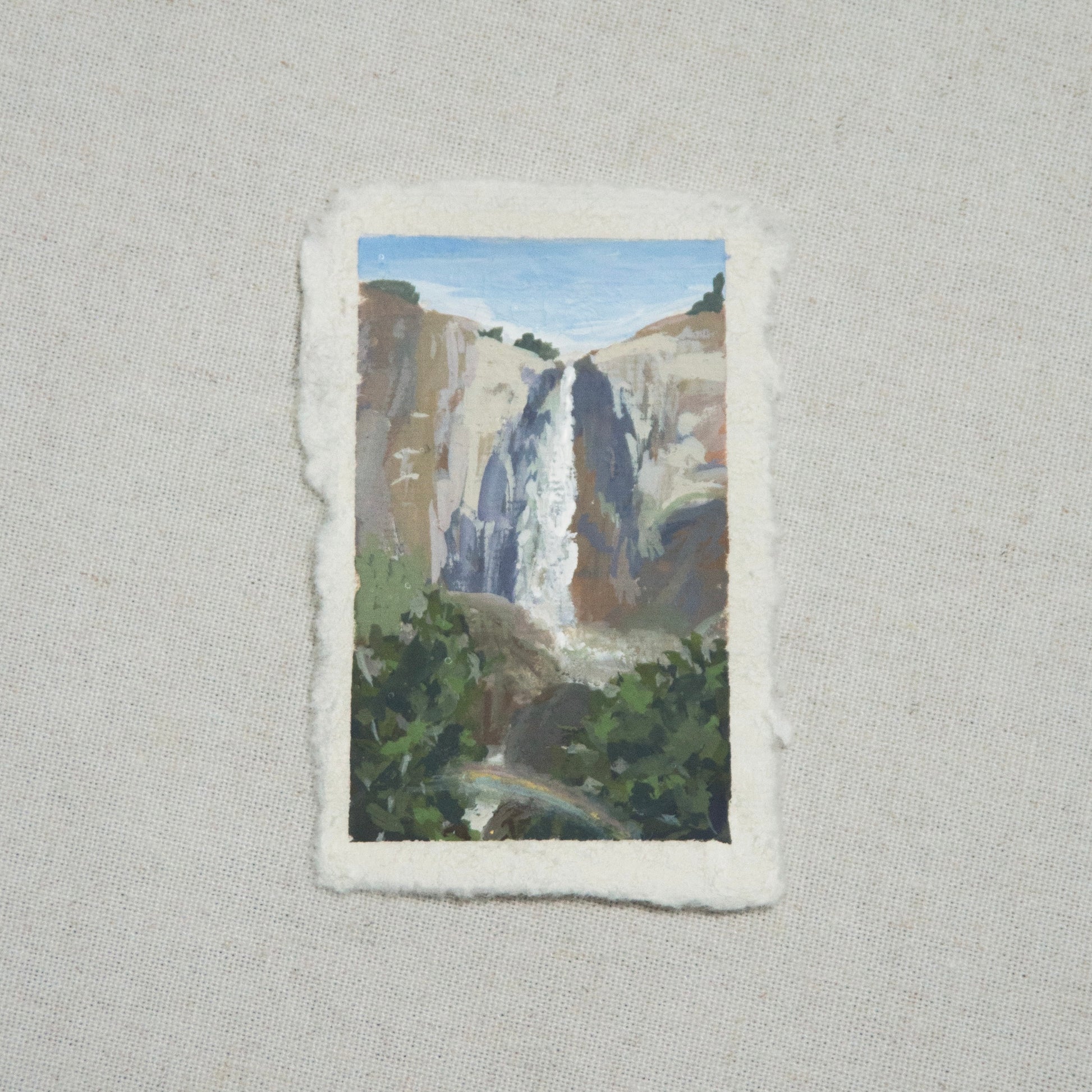 Bridalveil Falls miniature gouache painting from Yosemite National Park by Laura Van Moorleghem
