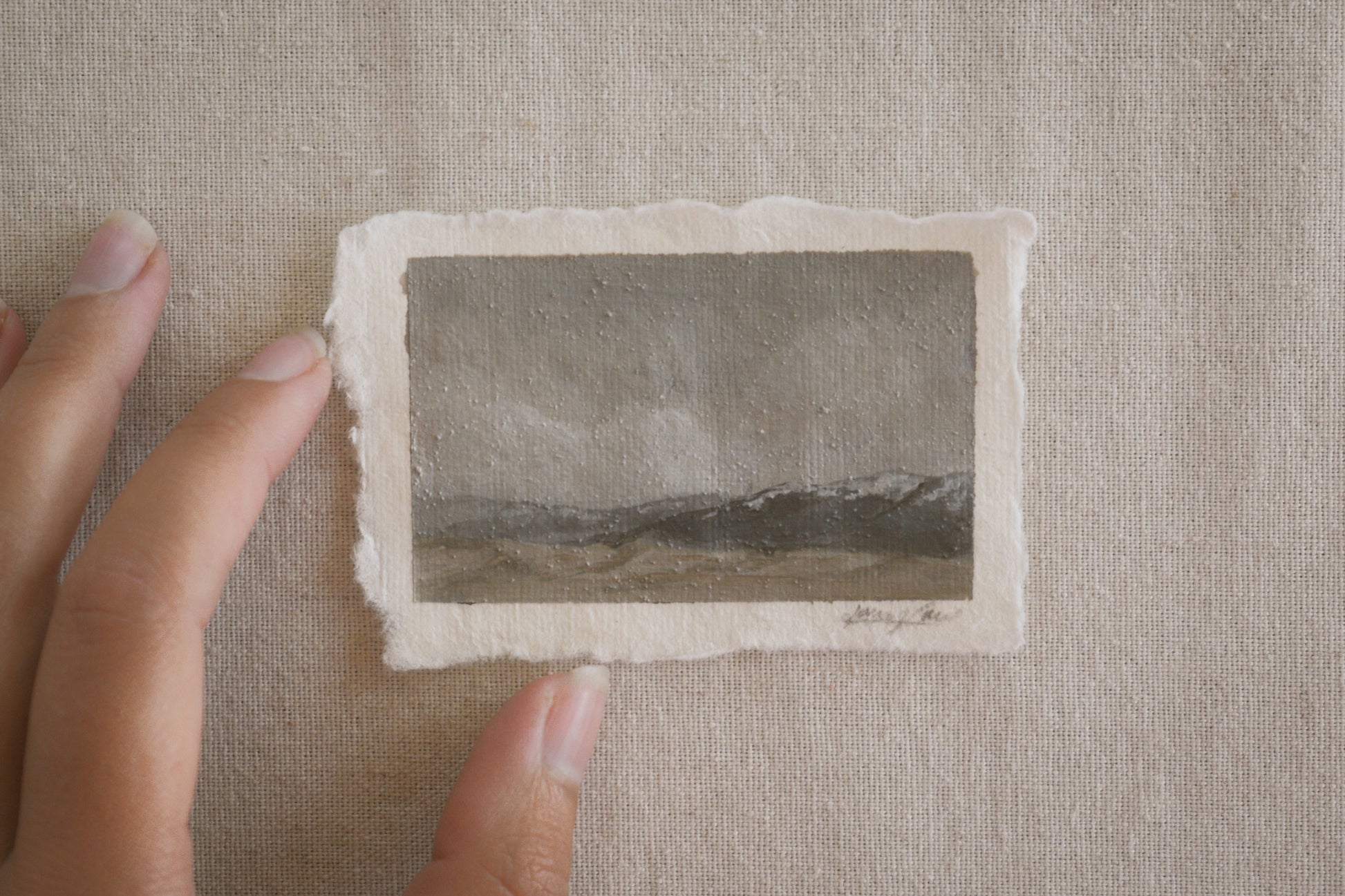 Miniature Great Sand Dunes National Park miniature painting showing the small scale of acrylic artwork. Painting embedded with sand from the park