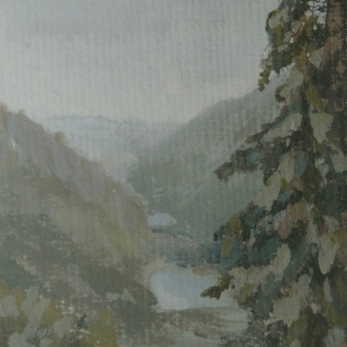 Close-up detail of plein air brushstrokes and textures in Grinnell Lake Glacier National Park art