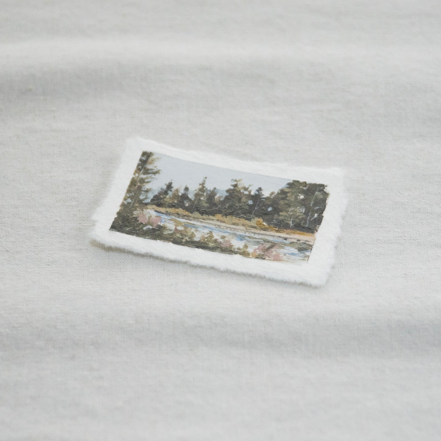Side profile of Hoh River painting on deckled edge 100% cotton rag paper