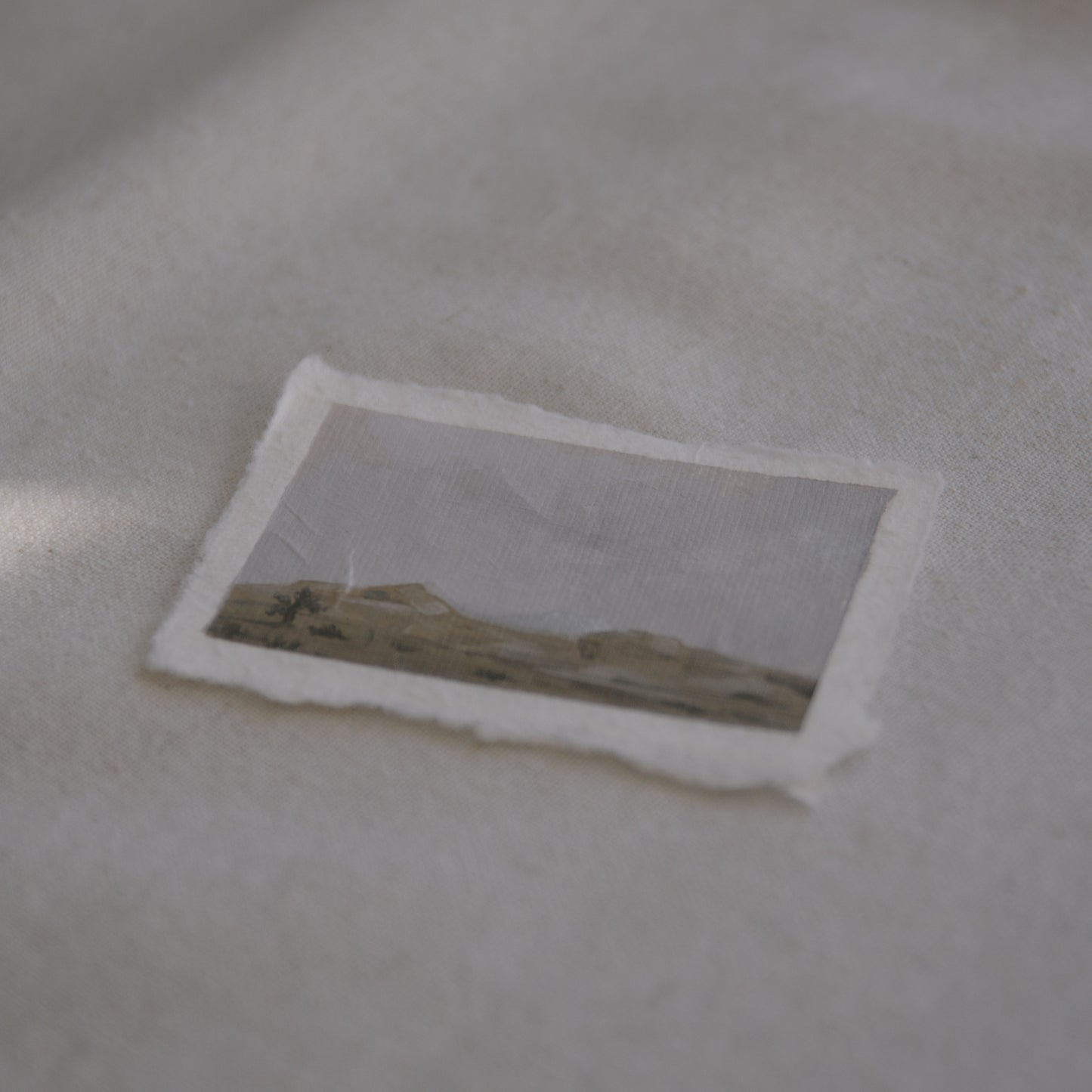 Side profile of of granite boulder field and a joshua tree acrylic painting on deckled edge 100% cotton rag paper