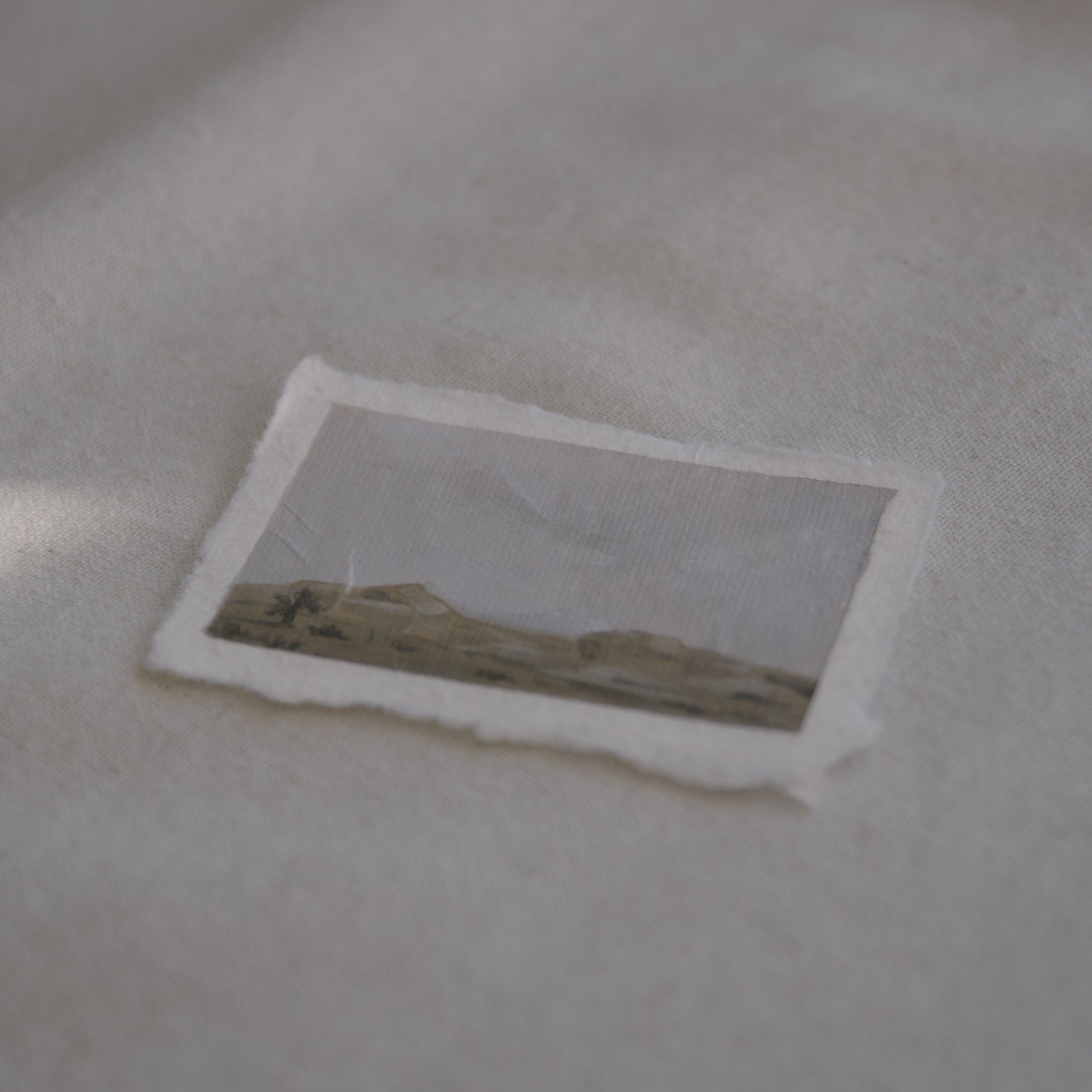 Side profile of of granite boulder field and a joshua tree acrylic painting on deckled edge 100% cotton rag paper