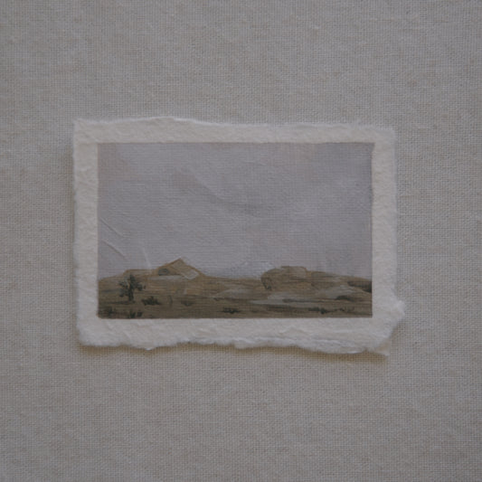 Joshua Tree overlook with granite boulder and joshua tree miniature acrylic painting from Joshua Tree National Park by Laura Van Moorleghem