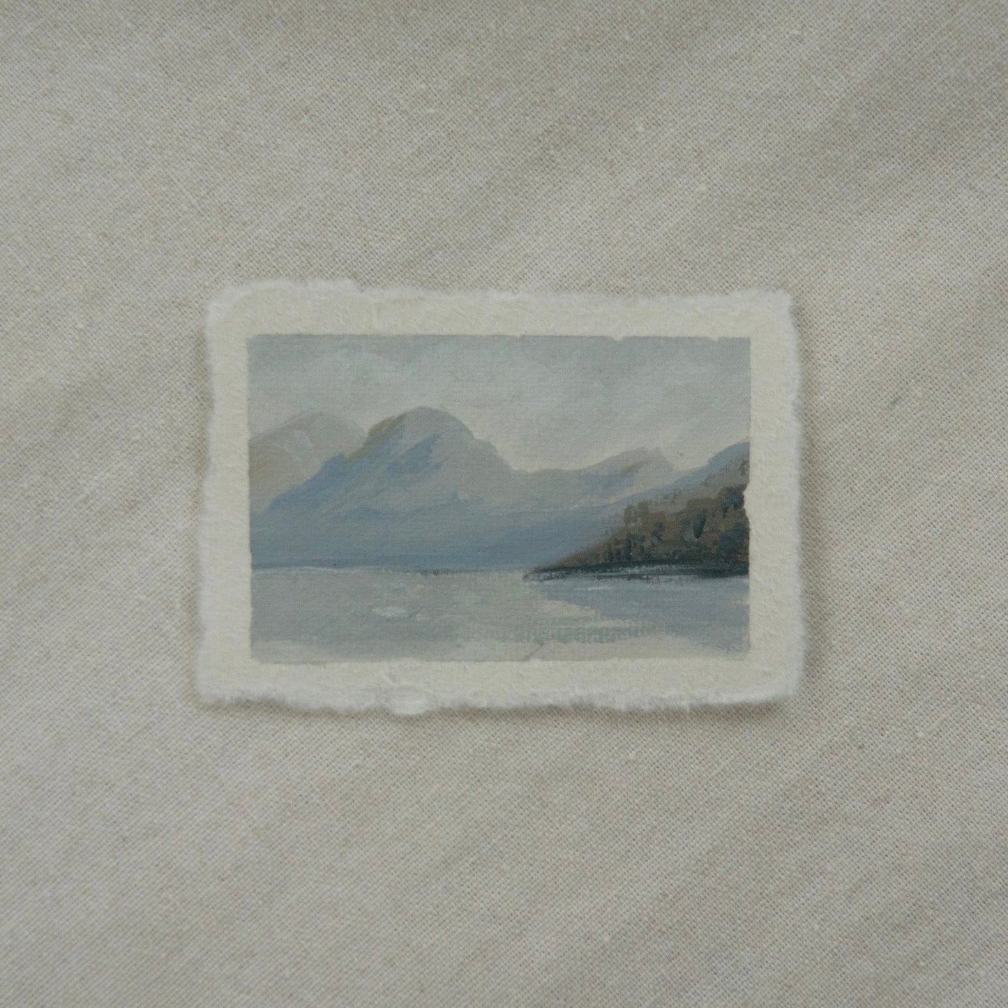 Lake McDonald miniature gouache painting from Glacier National Park by Laura Van Moorleghem