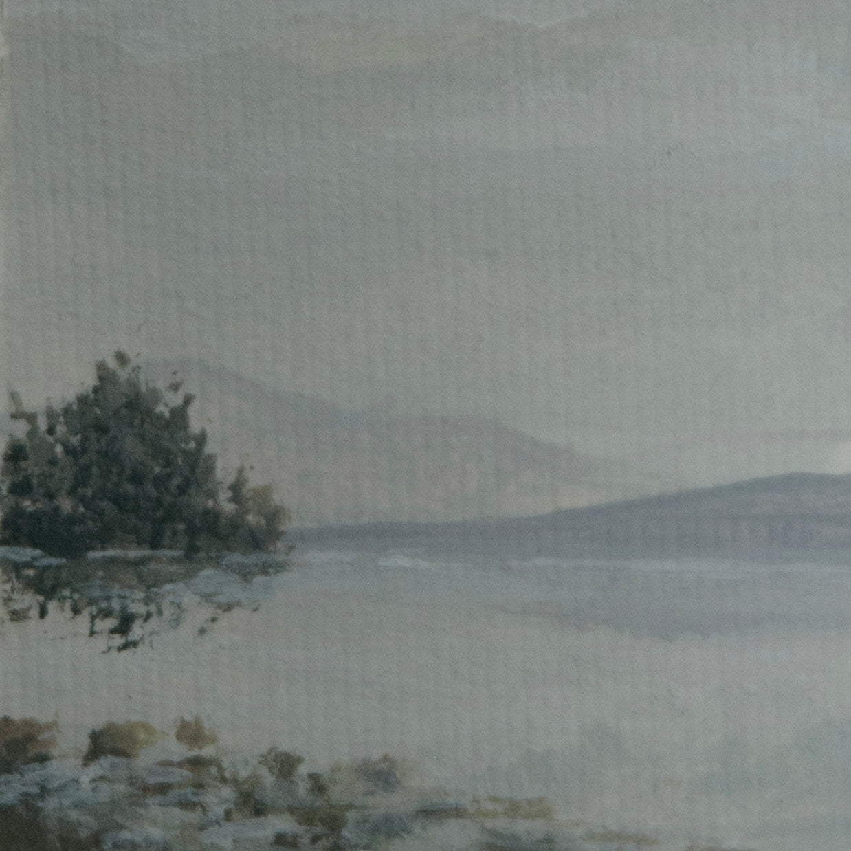 Close-up detail of plein air original miniature landscape painted at Lake McDonald in Glacier National Park 