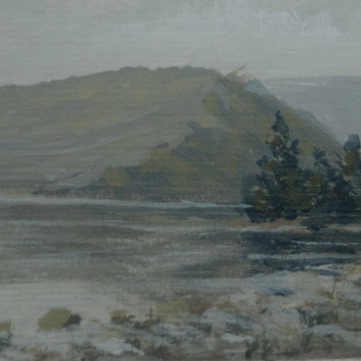 Close-up detail of plein air brushstrokes and stone and pine texture in Lake McDonald in Glacier art