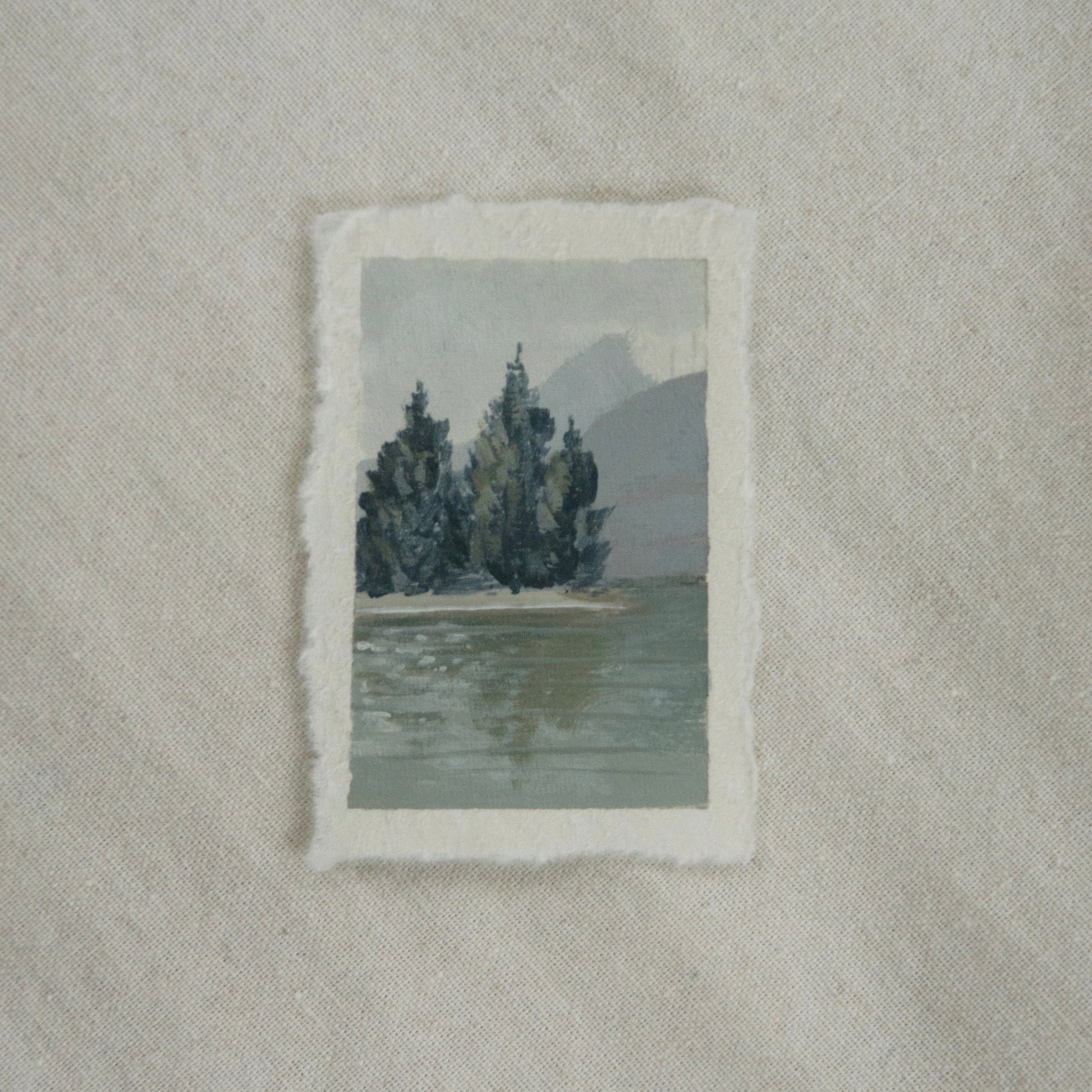 Lake McDonald miniature acrylic mini painting from Glacier National Park by Laura Van Moorleghem