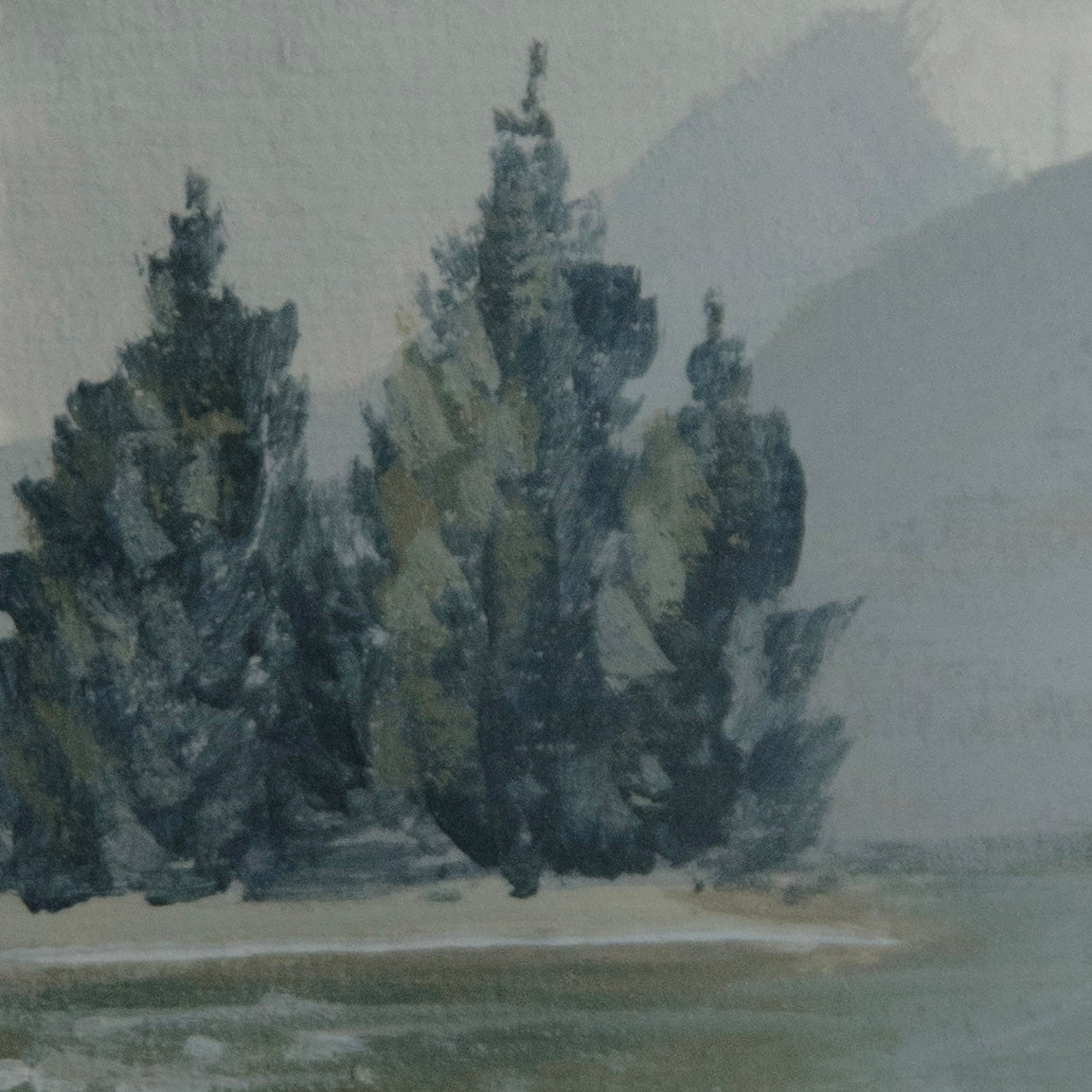 Close-up detail of plain air pine tree brushstrokes and Lake McDonald from Glacier National Park