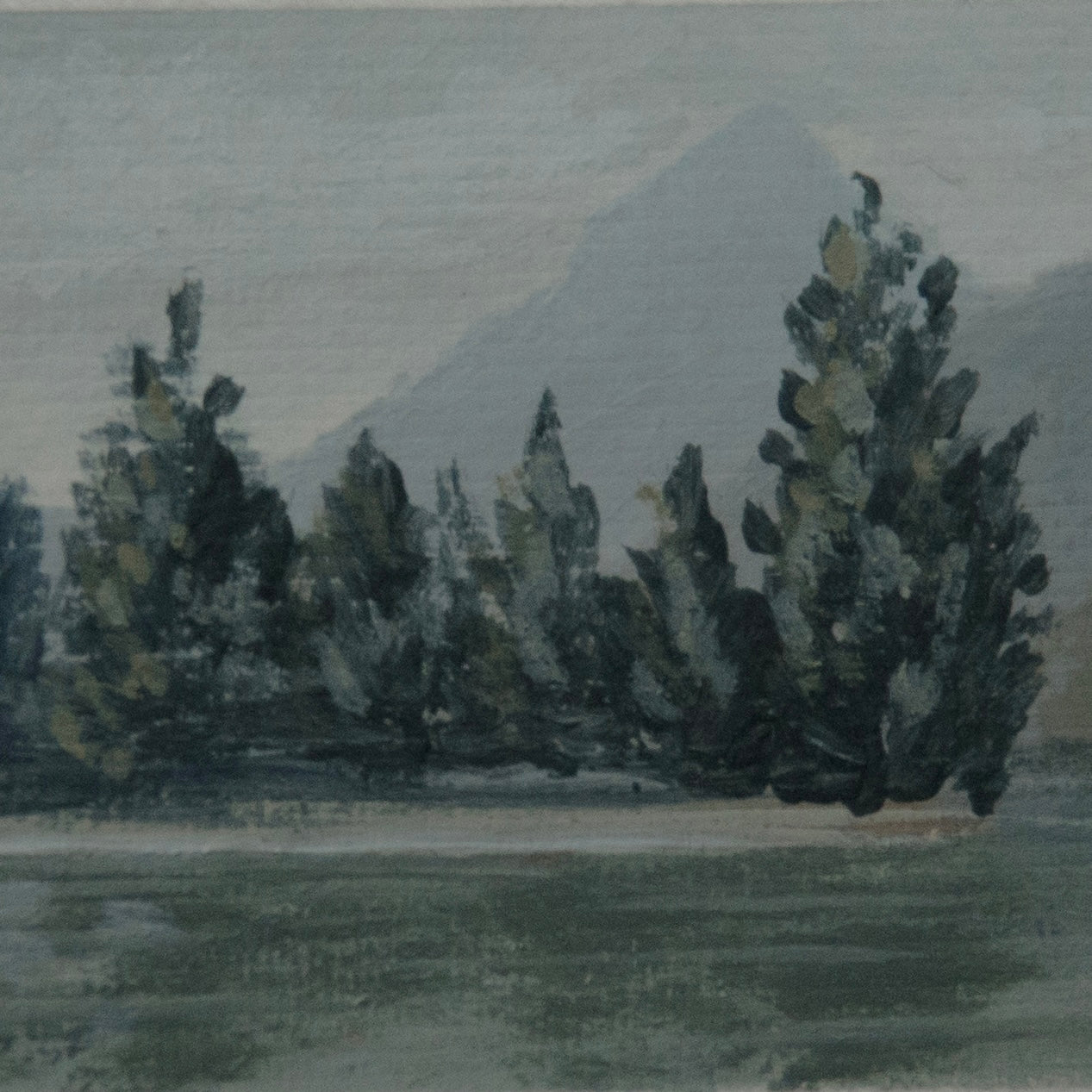 Detail of pine trees brushstrokes and lake reflection of mini plein air painting from Lake McDonald