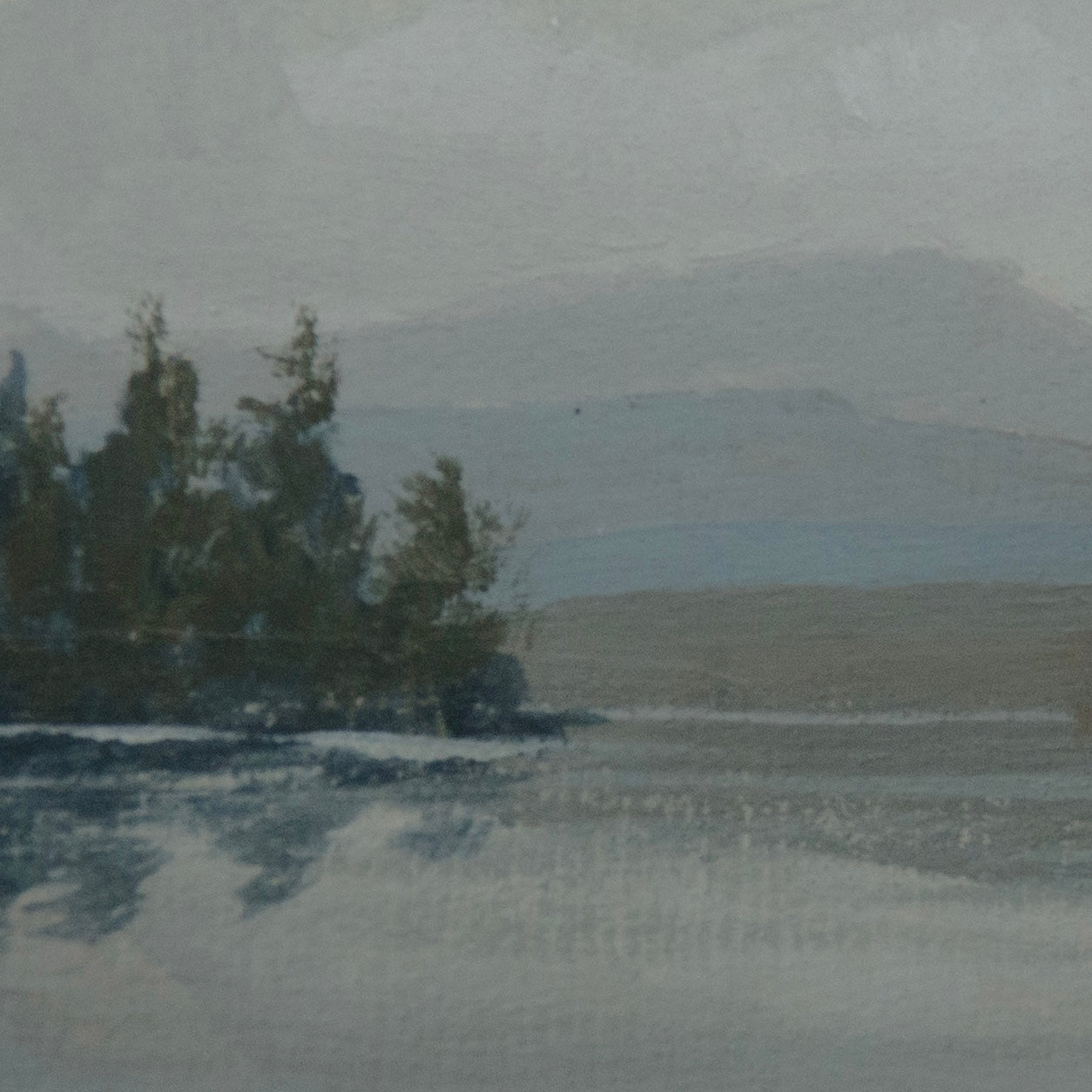 Close-up detail of plein air miniature original painted of Lake McDonald in Glacier National Park artwork