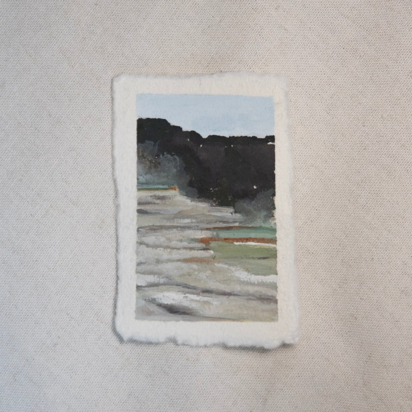 Miniature gouache painting of Mammoth Hot Spring in Yellowstone National Park from 'The Journey' collection by Laura Van Moorleghem
