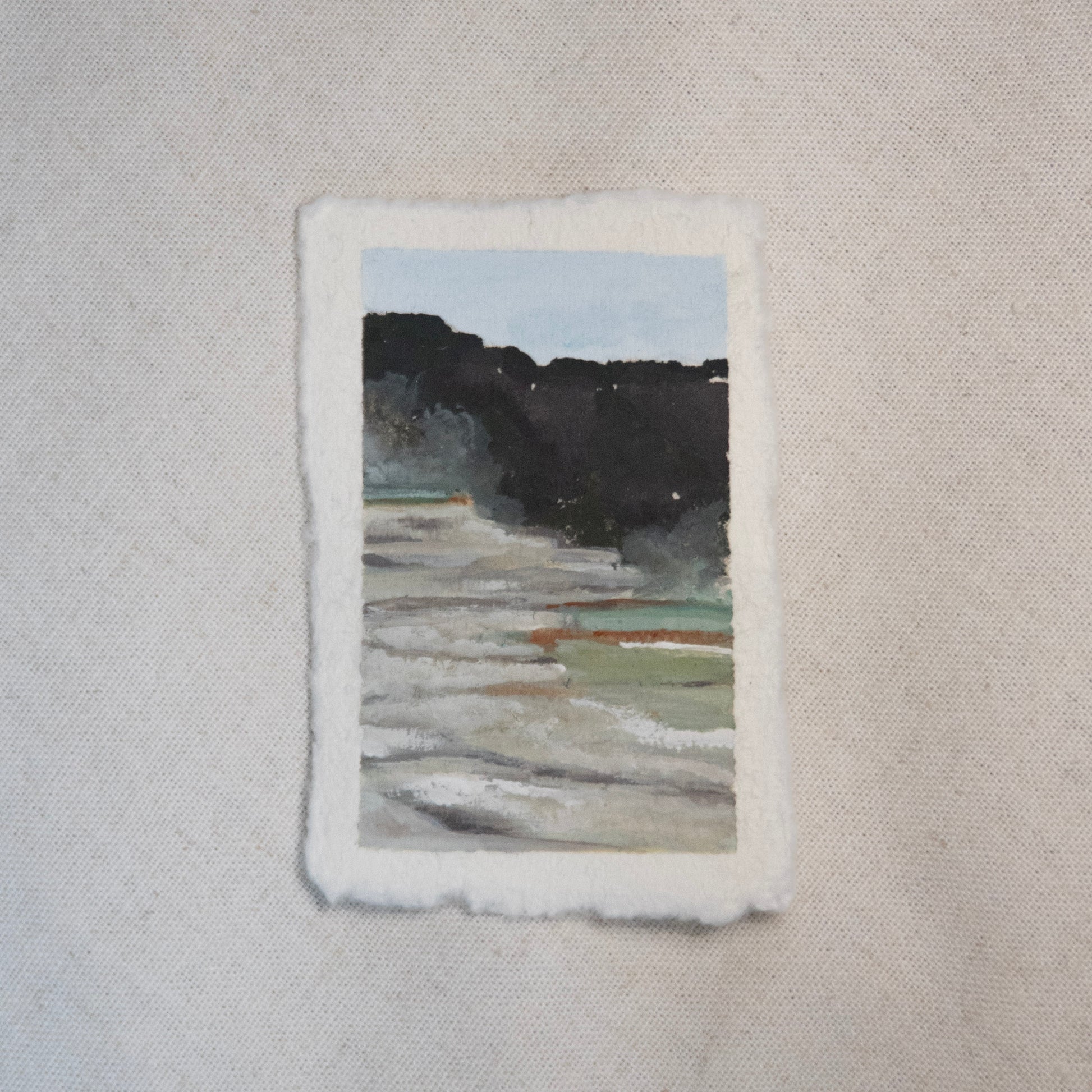 Miniature gouache painting of Mammoth Hot Spring in Yellowstone National Park from 'The Journey' collection by Laura Van Moorleghem
