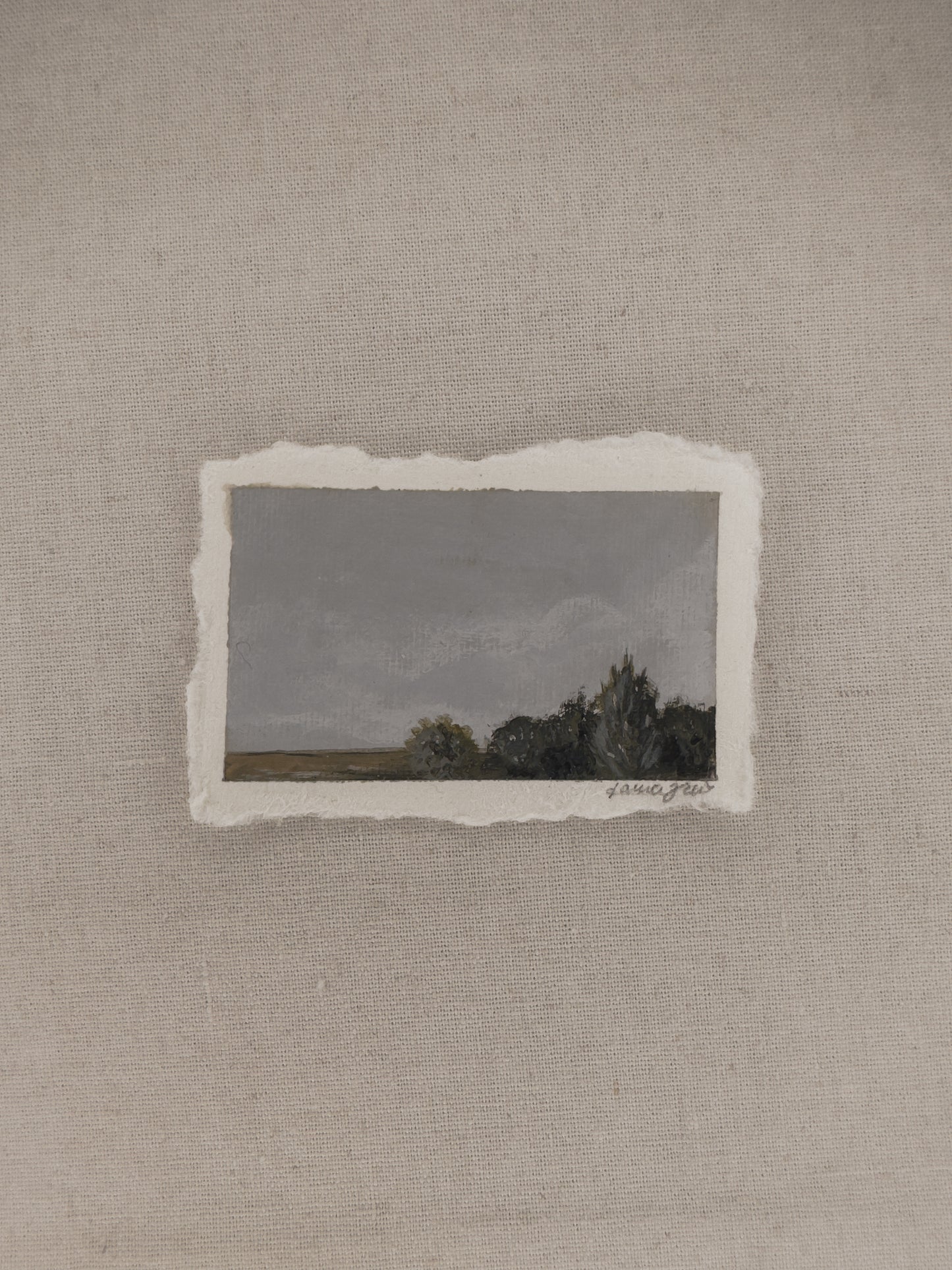 Nebraska grassland and pines  miniature acrylic painting by Laura Van Moorleghem