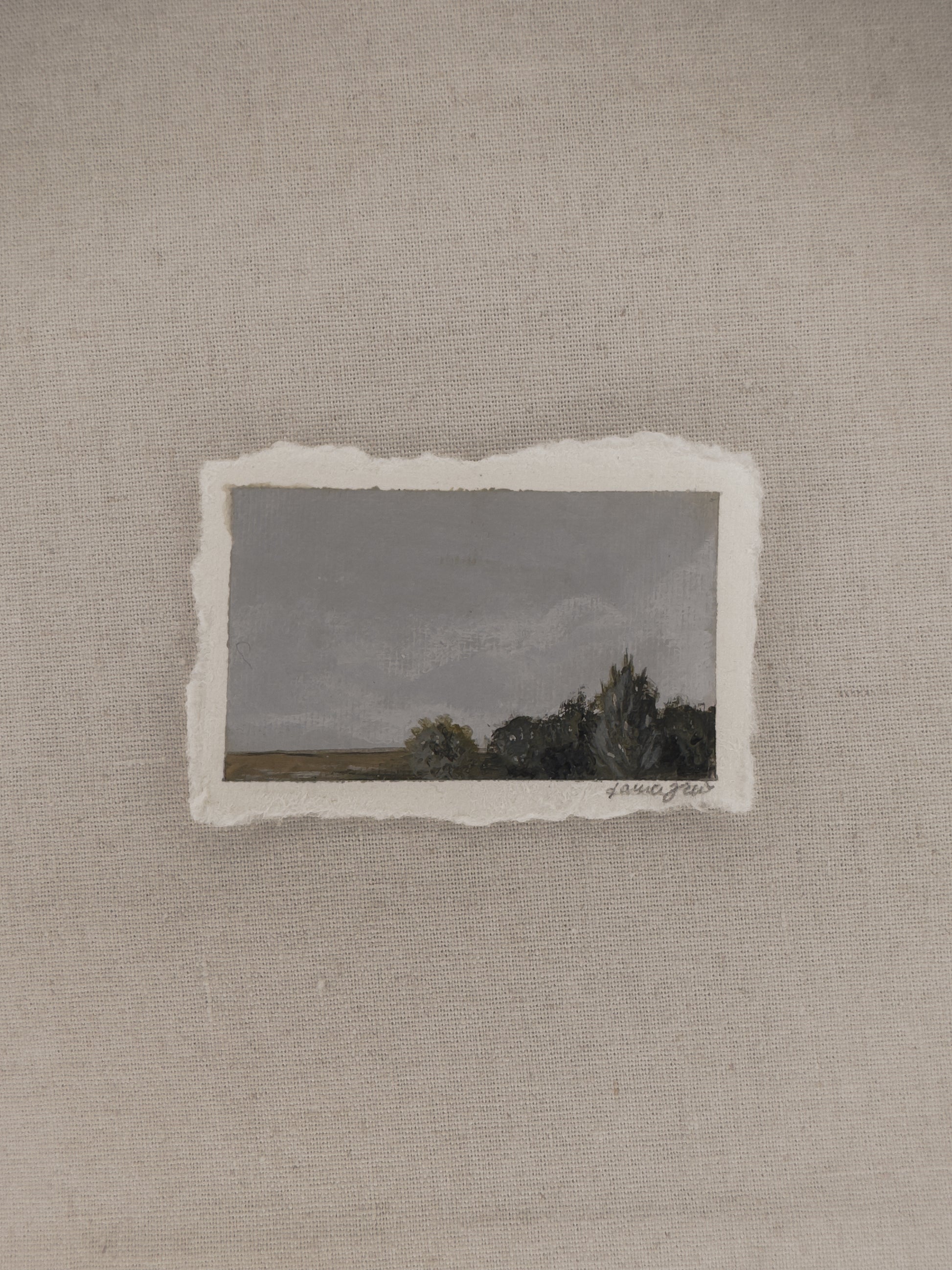 Nebraska grassland and pines  miniature acrylic painting by Laura Van Moorleghem