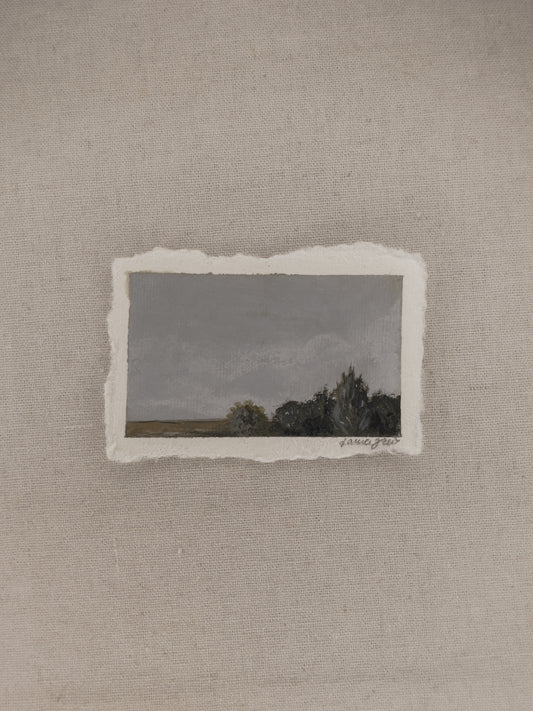 Nebraska grassland and pines  miniature acrylic painting by Laura Van Moorleghem