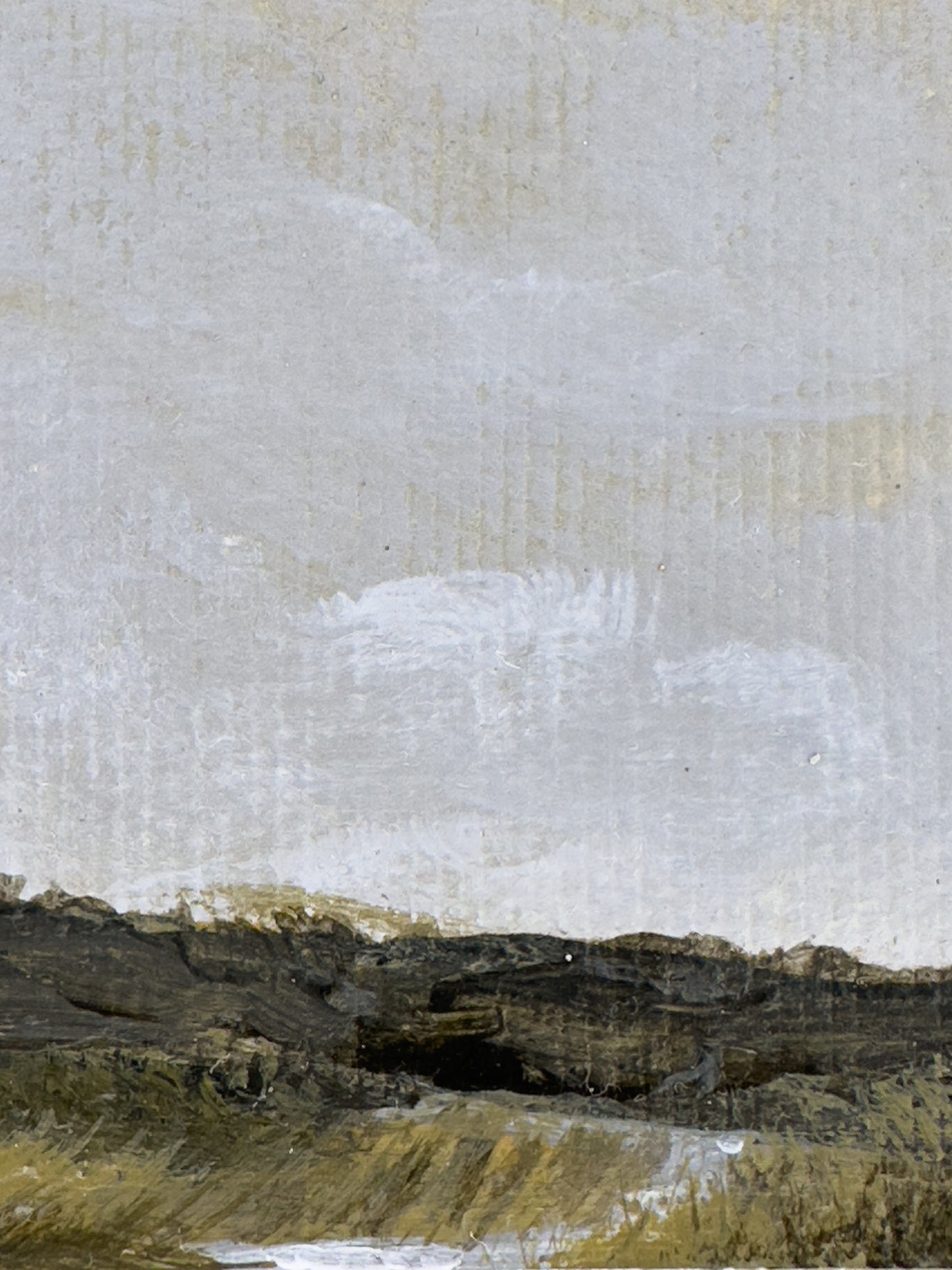 Close-up detail of plein air brushstrokes and river textures in Nebraska art