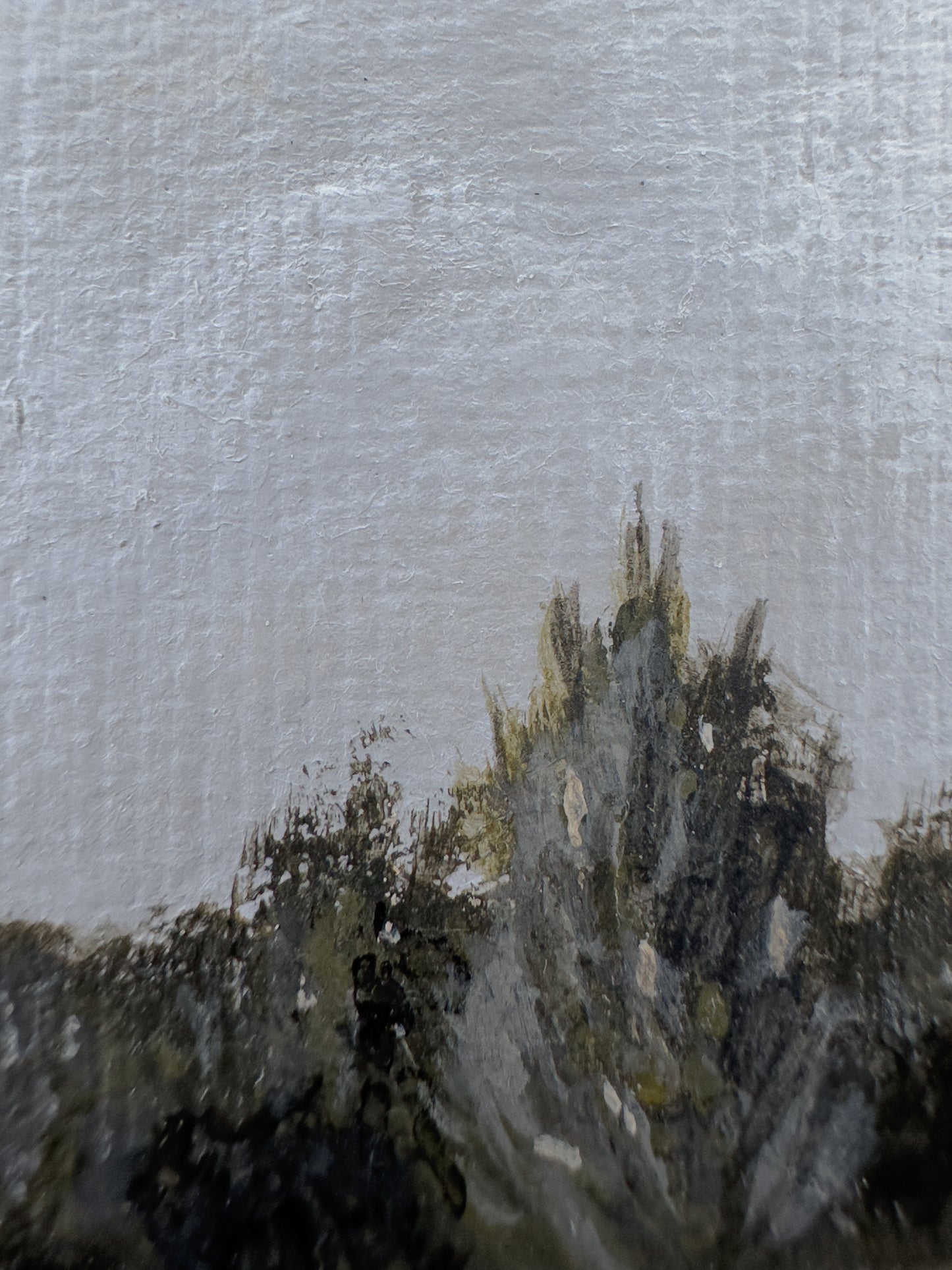 Close-up detail of plein air brushstrokes and pine tree textures in Nebraska art