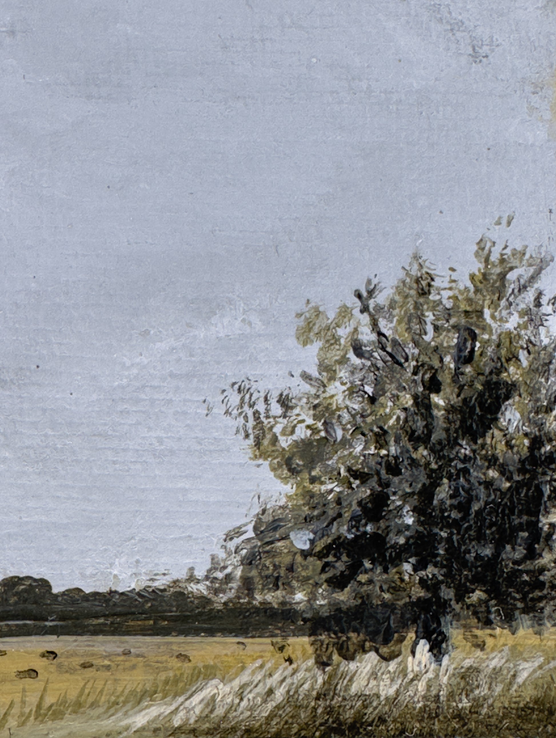 Close-up detail of plein air brushstrokes and leaf textures in Nebraska farm art