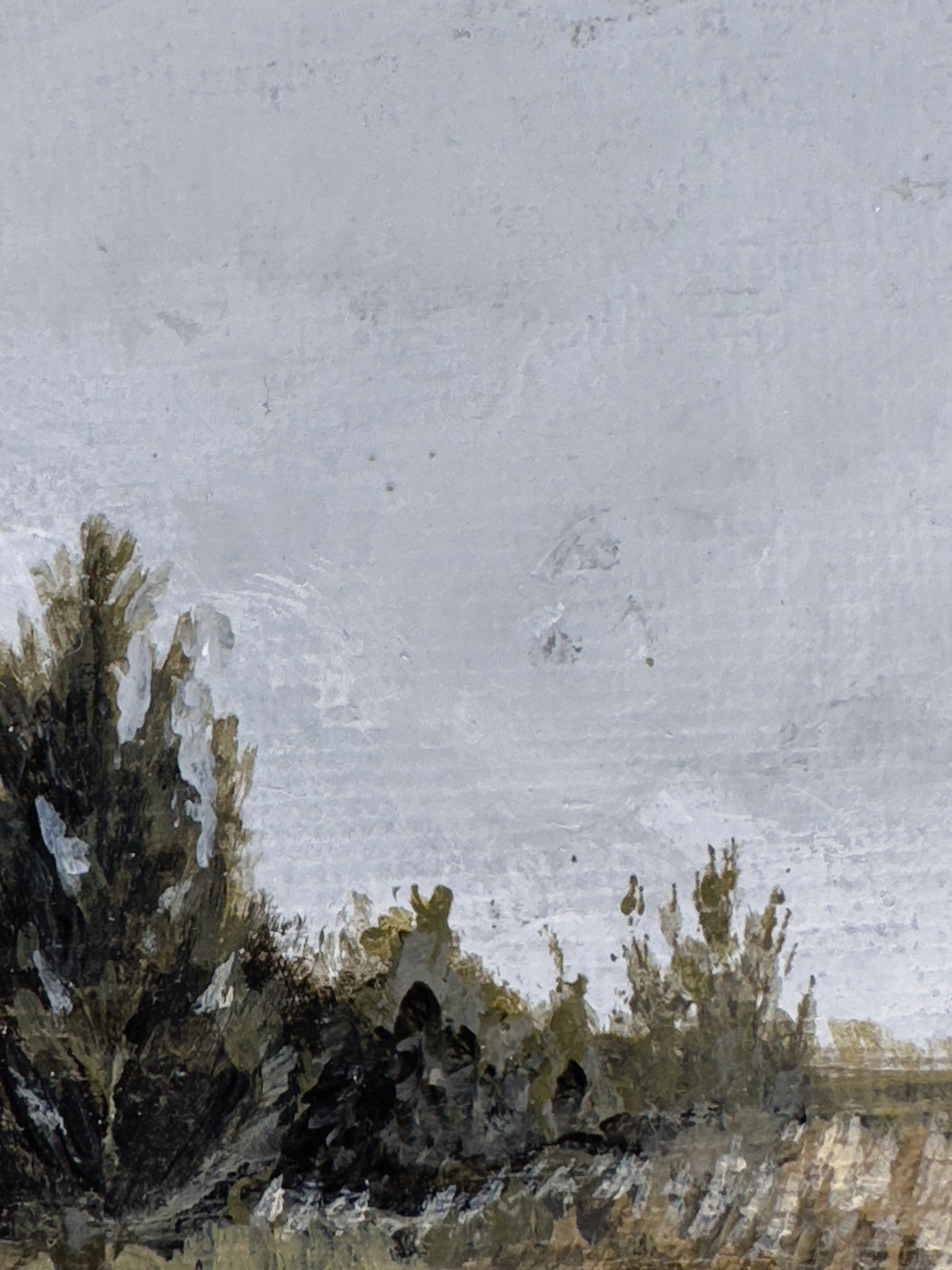 Close-up detail of plein air brushstrokes and tree textures in Nebraska art