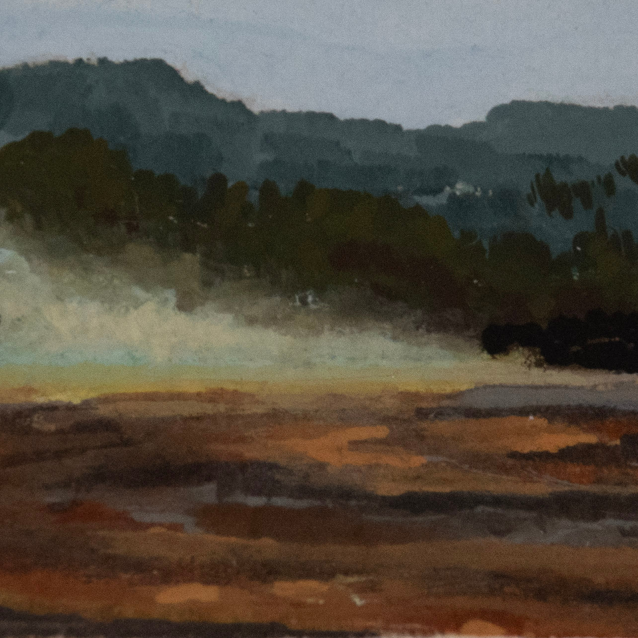 Close-up detail of plein air brushstrokes and geothermal textures at Rainbow Hot Spring Yellowstone art
