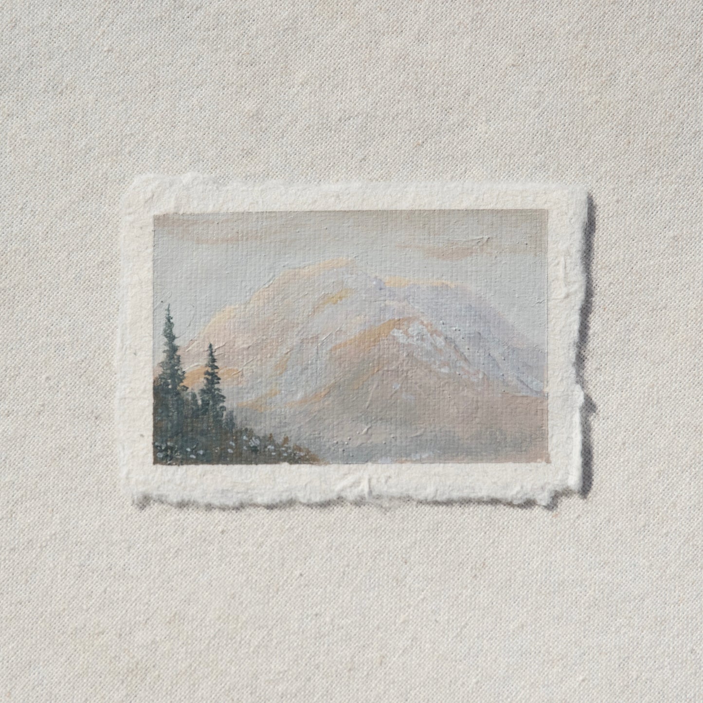 Mount Rainier during sunrise miniature acrylic painting from Mount National Park by Laura Van Moorleghem