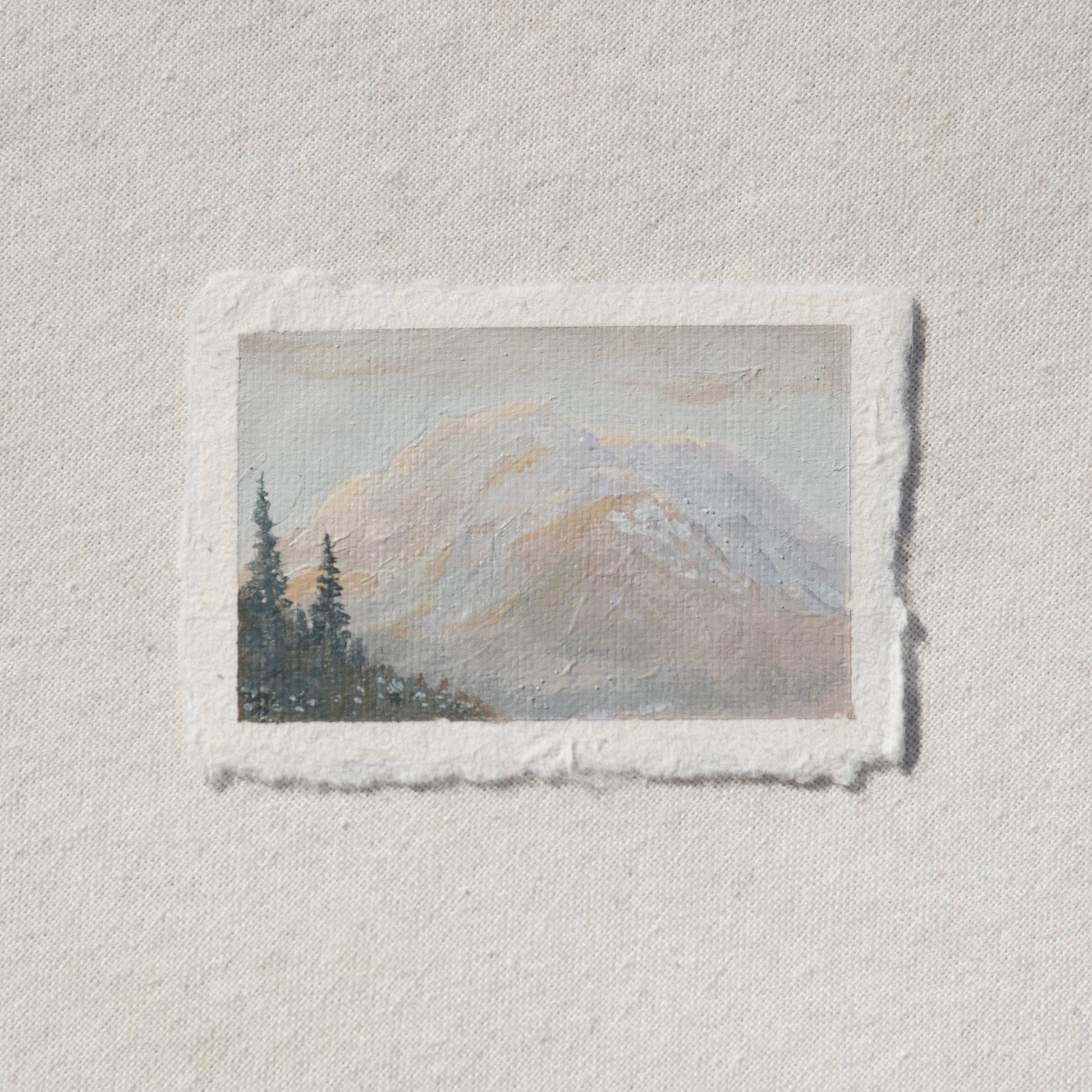 Mount Rainier during sunrise miniature acrylic painting from Mount National Park by Laura Van Moorleghem