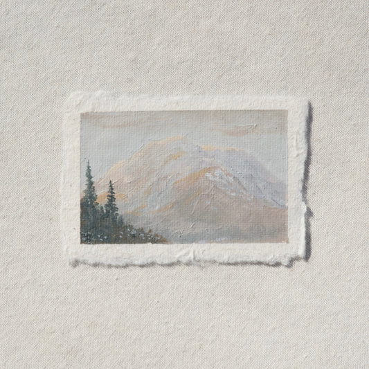 Mount Rainier during sunrise miniature acrylic painting from Mount National Park by Laura Van Moorleghem