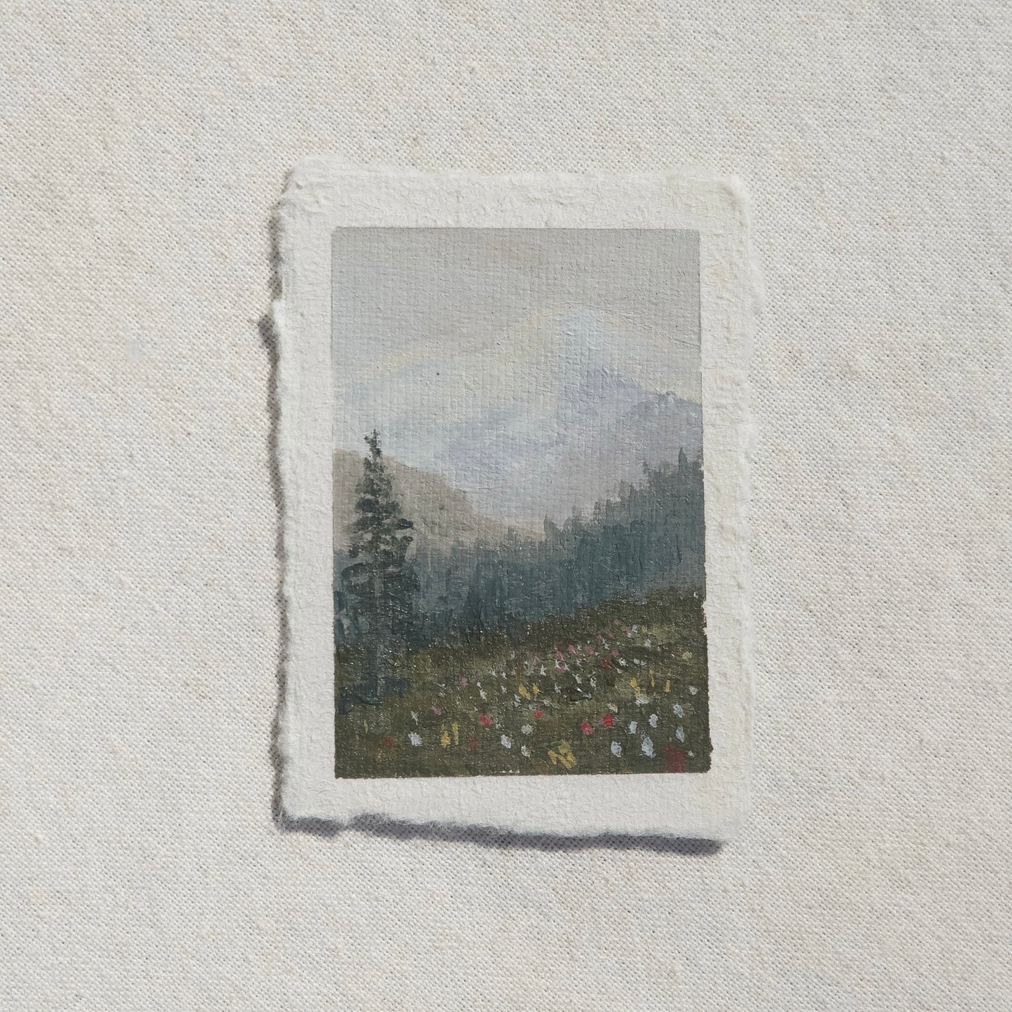 Wildflowers and mount rainier in Silver tree trail miniature gouache painting from Mount Rainier National Park by Laura Van Moorleghem