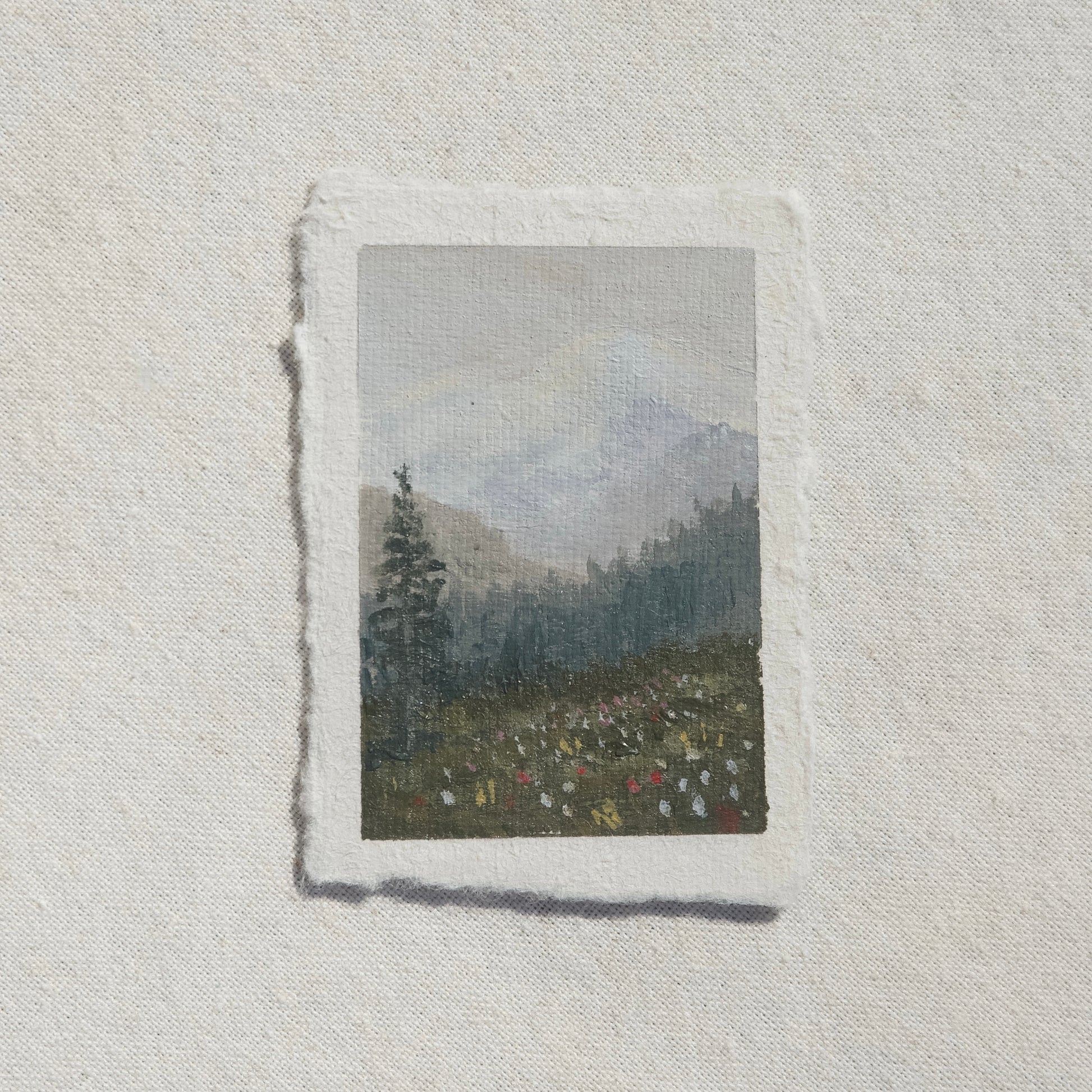 Wildflowers and mount rainier in Silver tree trail miniature gouache painting from Mount Rainier National Park by Laura Van Moorleghem