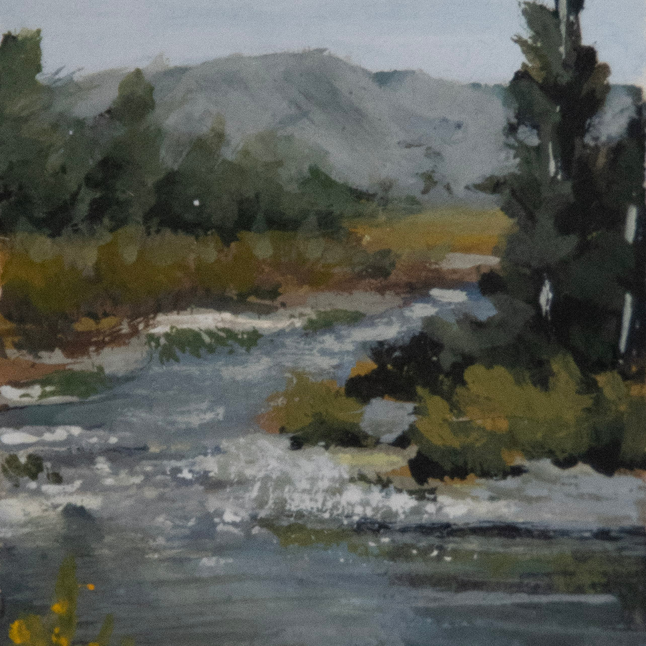 Close-up detail of plein air brushstrokes and texture of Yellowstone River in Yellowstone art.