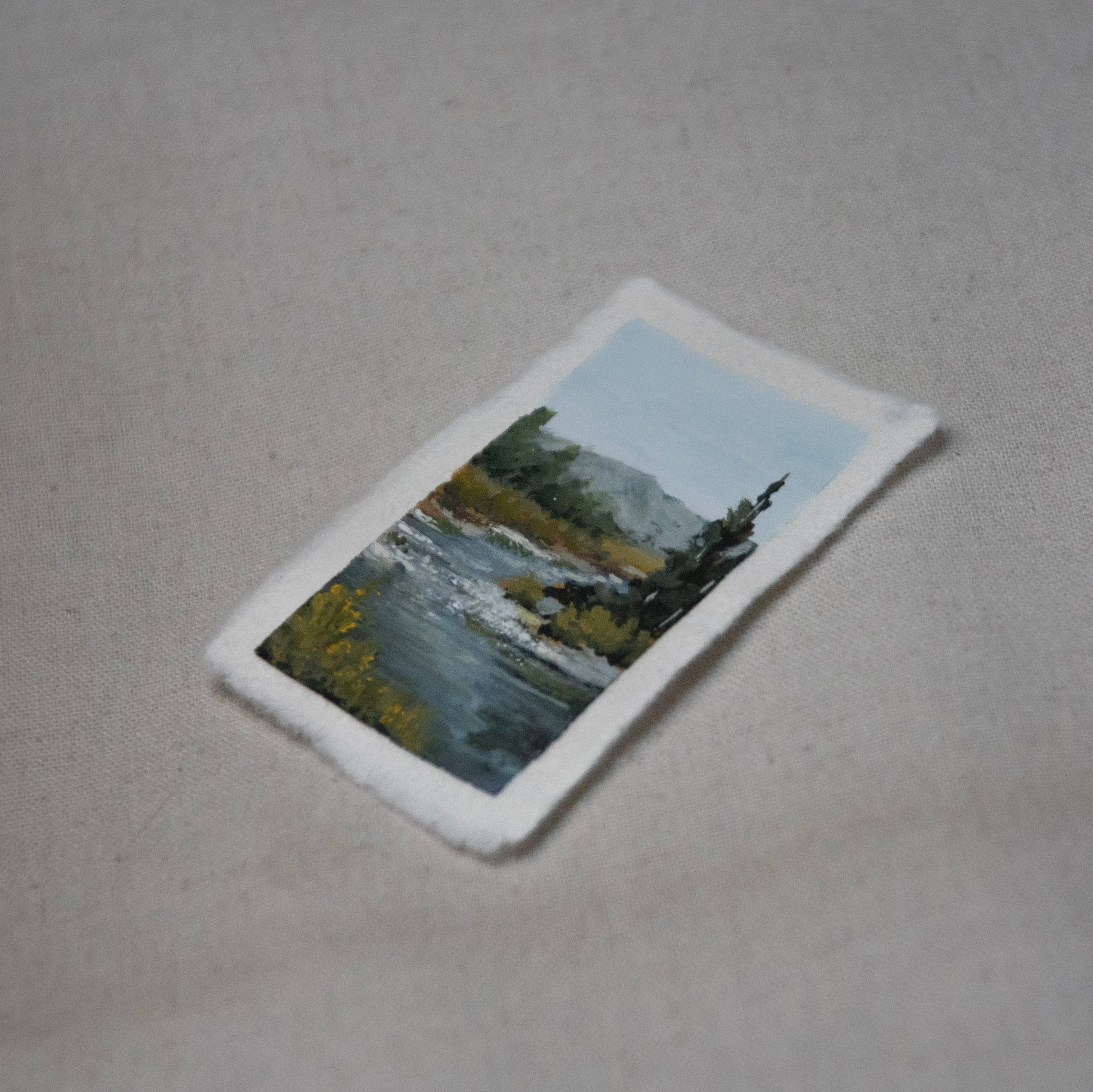 Side profile of Yellowstone River in Yellowstone painting on deckled edge 100% cotton rag paper
