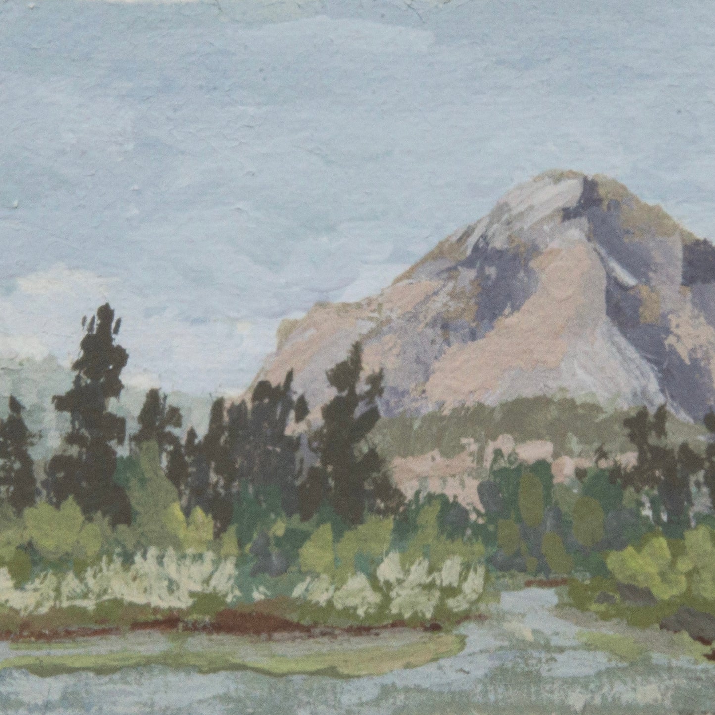 Close-up detail of plein air brushstrokes and mountain and tree textures in Kings Canyon National Park art