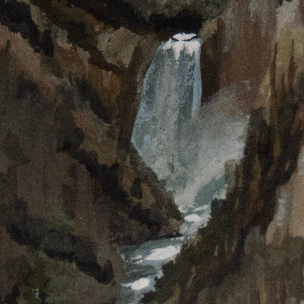 Close-up detail of Artist Point, Grand Canyon of Yellowstone, texture in a miniature Yellowstone painting.