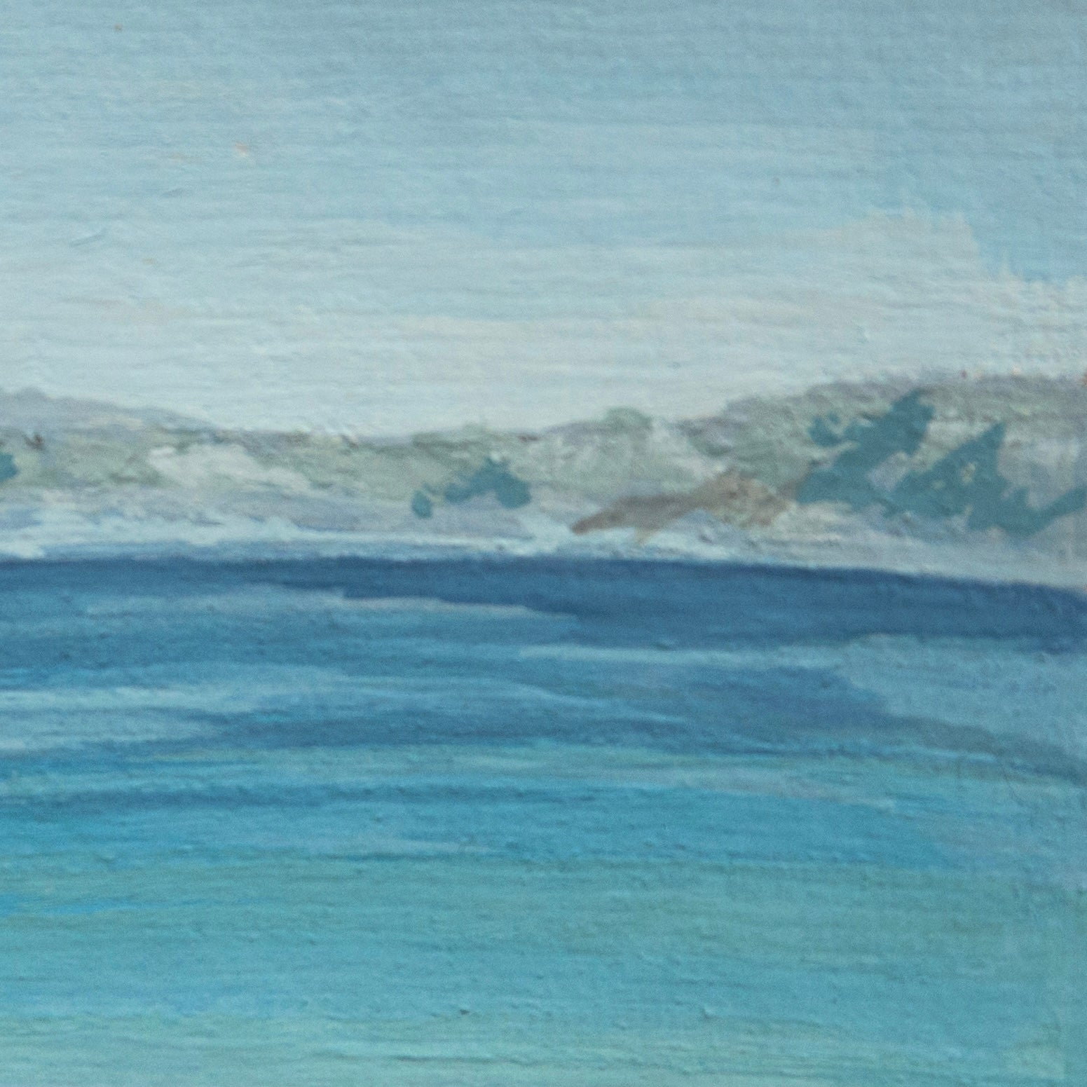 Close-up detail of plein air brushstrokes and mountains and lake textures in Crater Lake National Park art