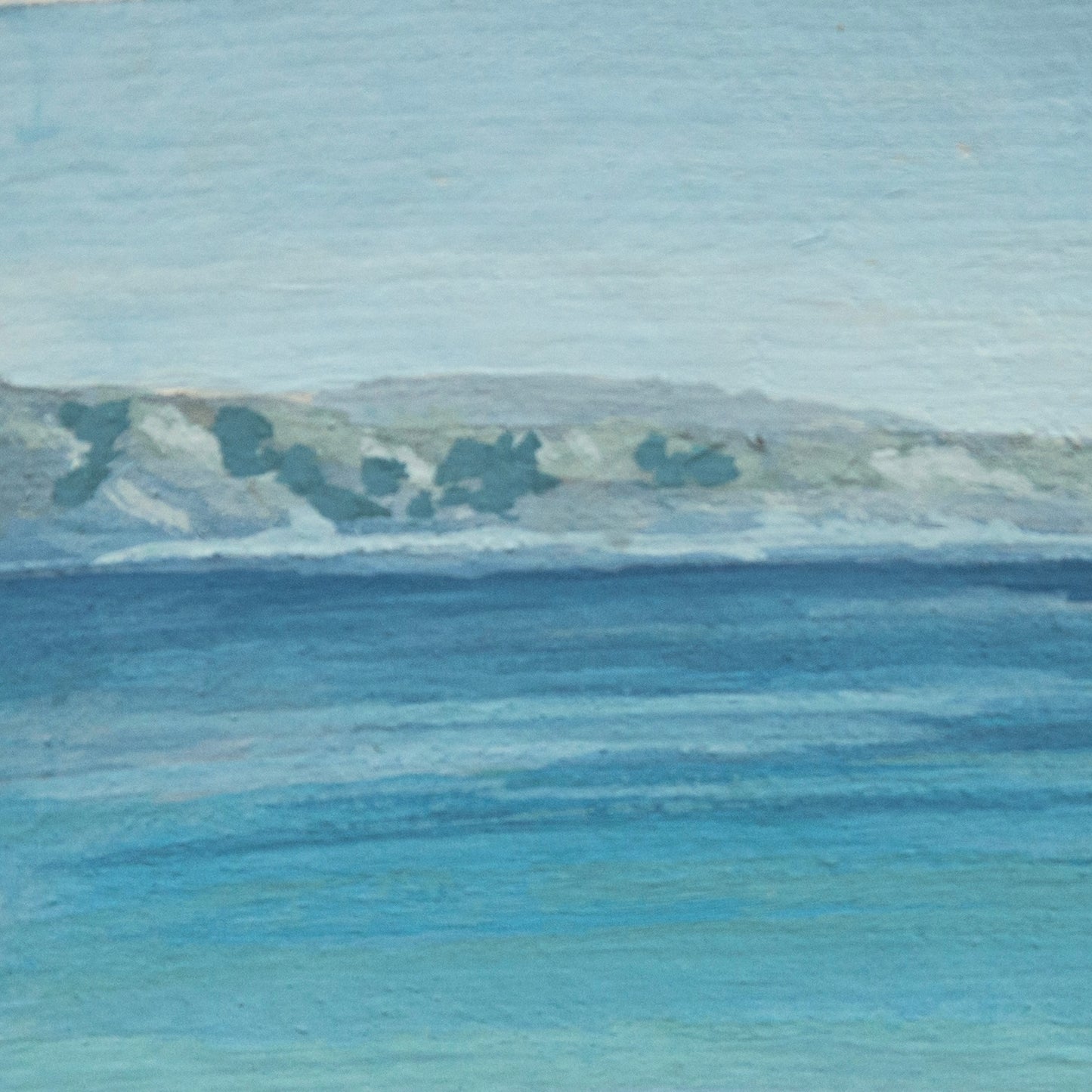 Close-up detail of plein air mini painting of the vibrant blue textures in Crater Lake National Park art