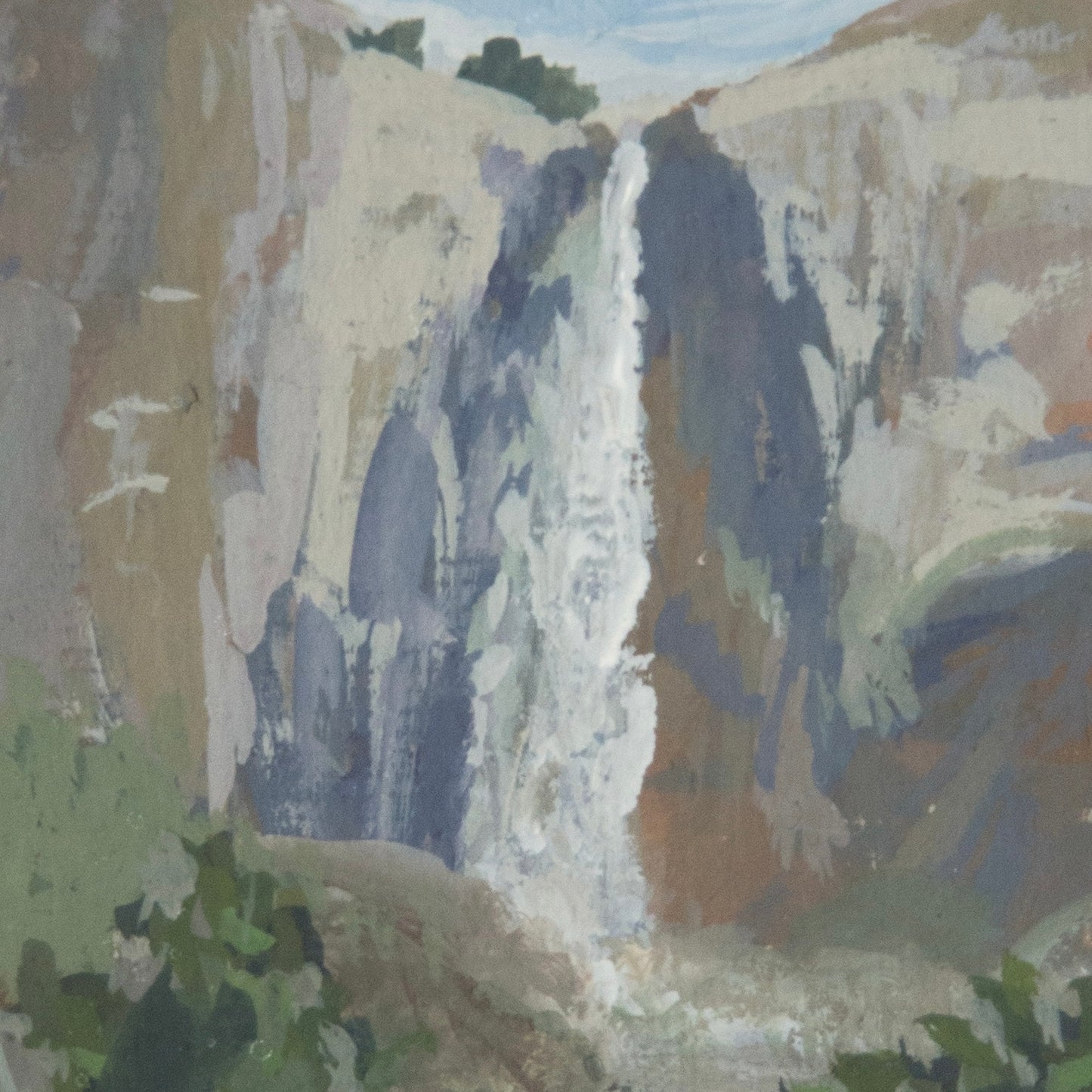Close-up detail of plein air brushstrokes and mountain and waterfall textures in Bridaveil Falls Yosemite art