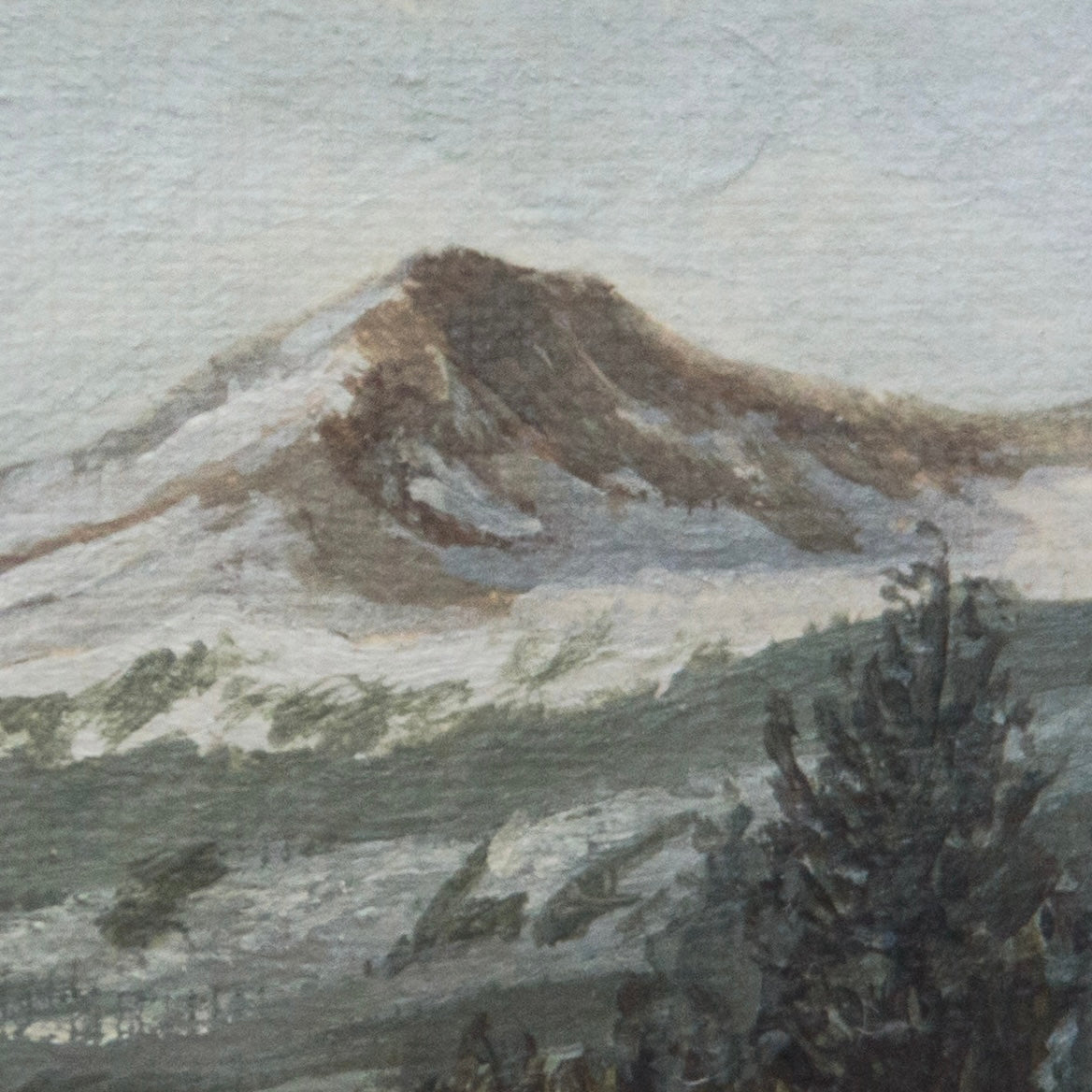 Close-up detail of plein air brushstrokes and jagged mountain with pine tree textures at an overlook in Lassen Volcanic National Park art