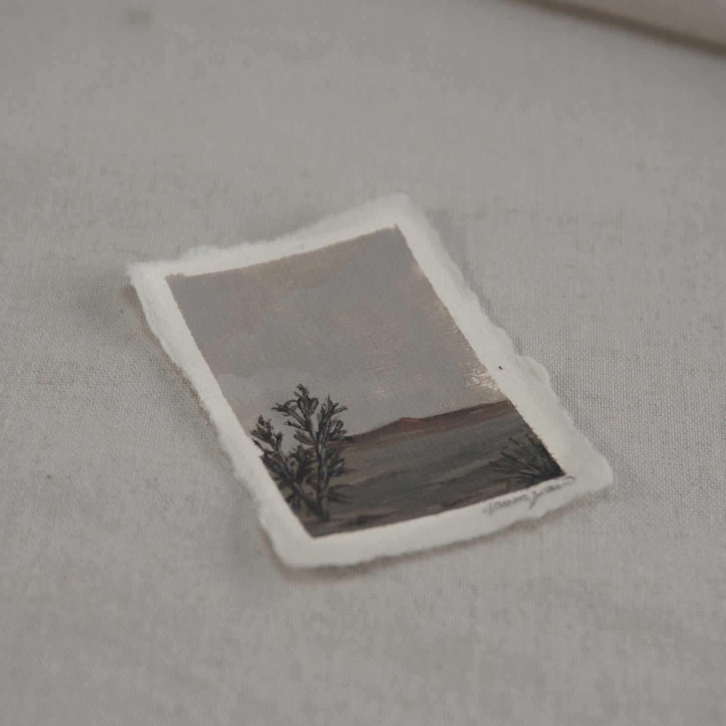 Side profile of Petrified Forest shrubbery and overlook painting on deckled edge 100% cotton rag paper
