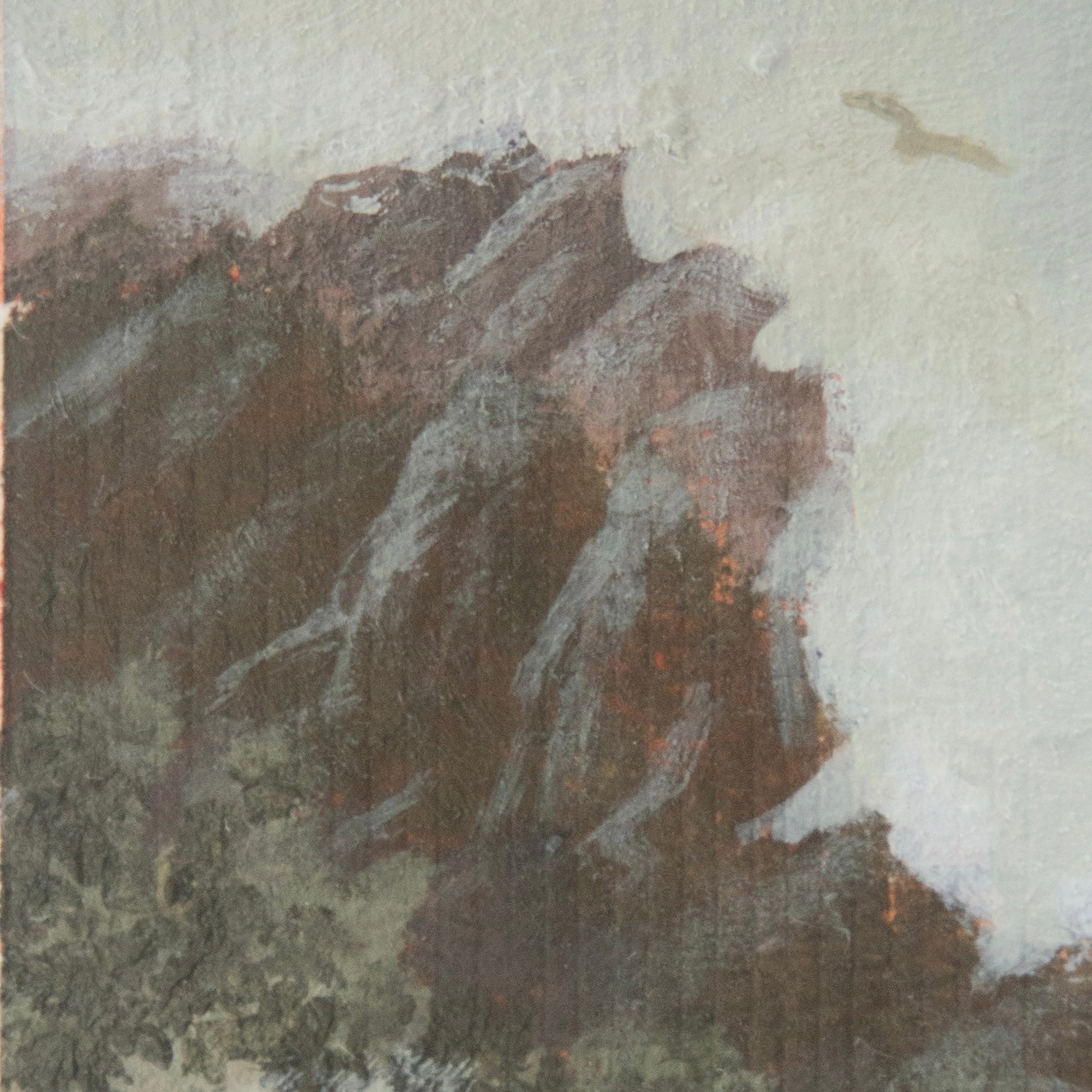 Close-up detail of plein air brushstrokes and jagged Pinnacles textures with California Condor in Pinnacles National Park art