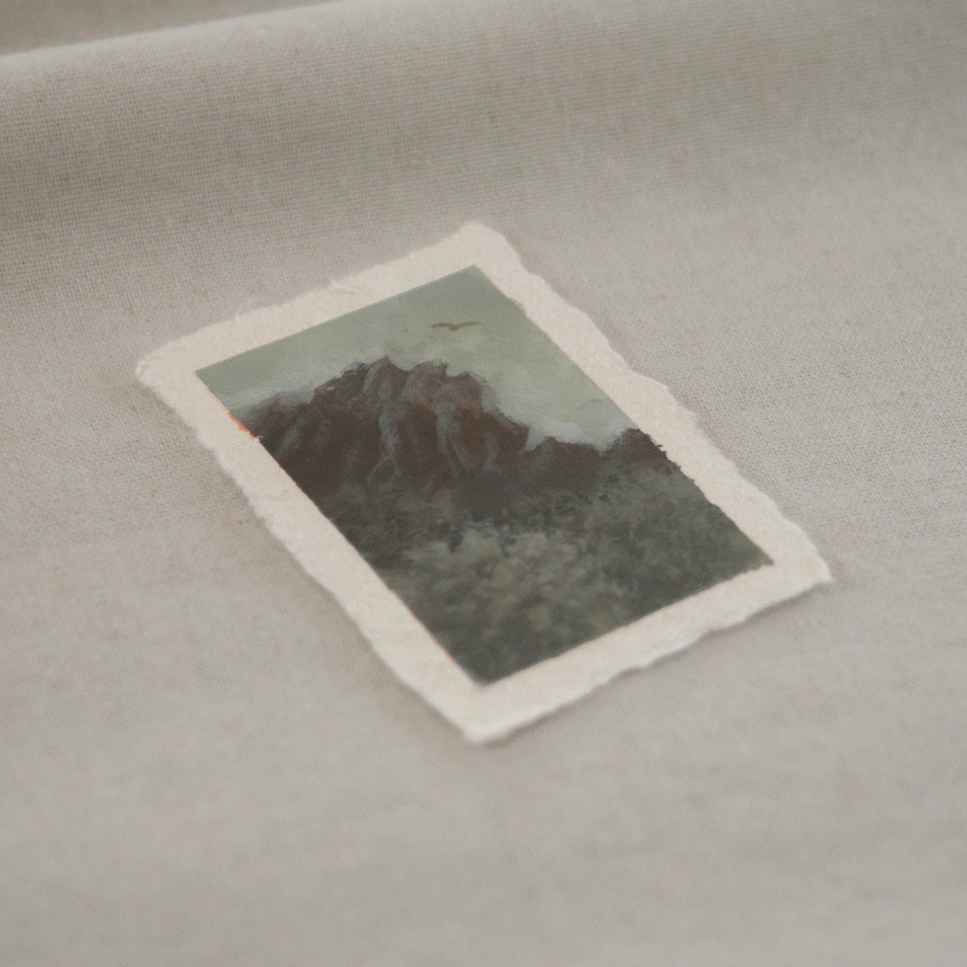 Side profile of pinnacles and a california condor painting on deckled edge 100% cotton rag paper