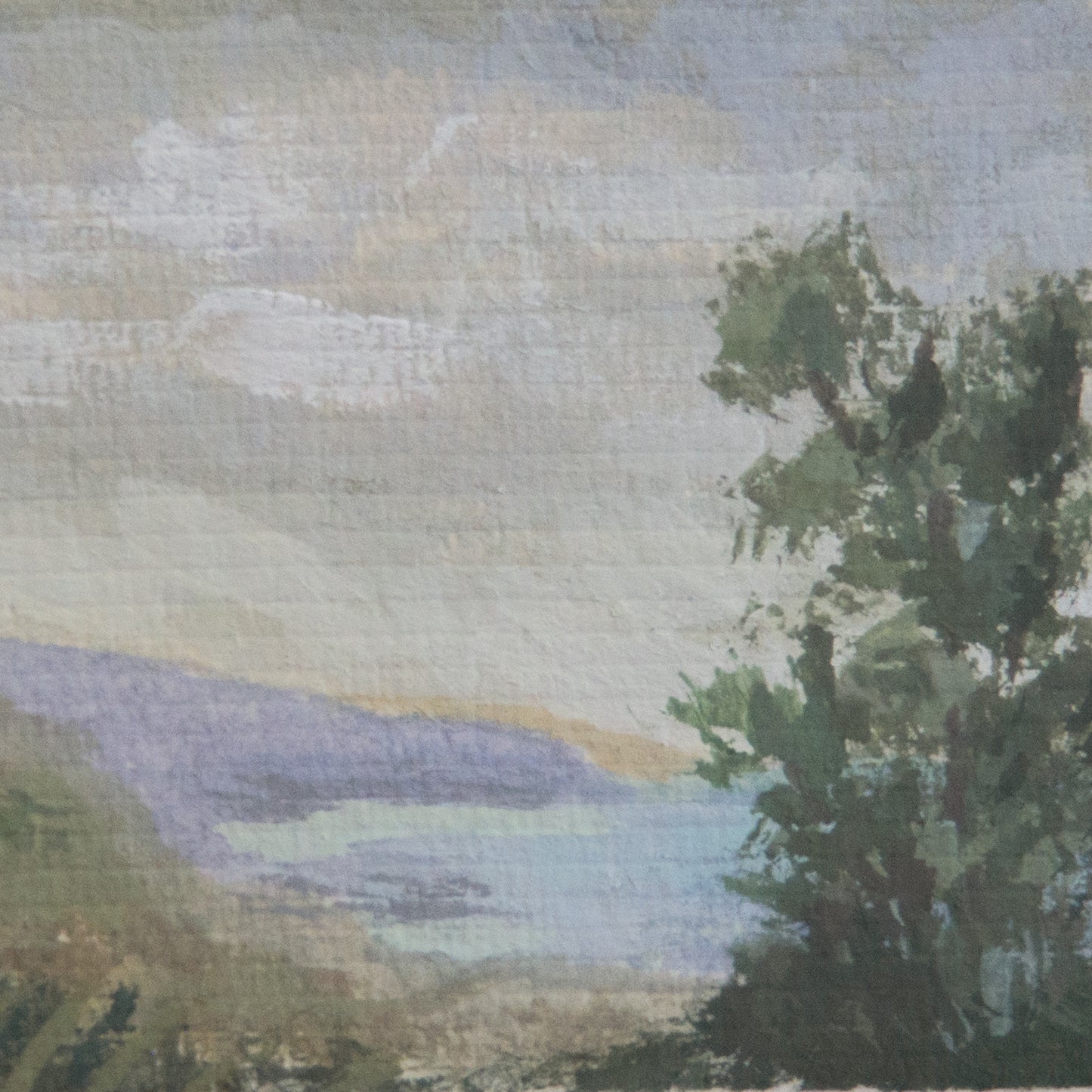 Close-up detail of plein air purple mountainscape and tall tree textures in Channel Islands National Park art
