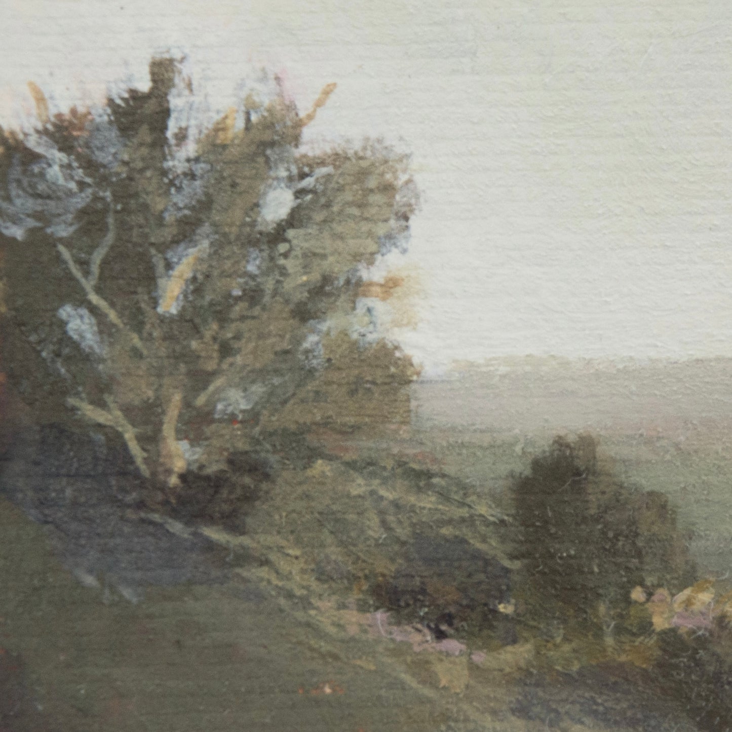 Close-up detail of plein air brushstrokes and green and yellow tree textures in Pinnacles National Park art