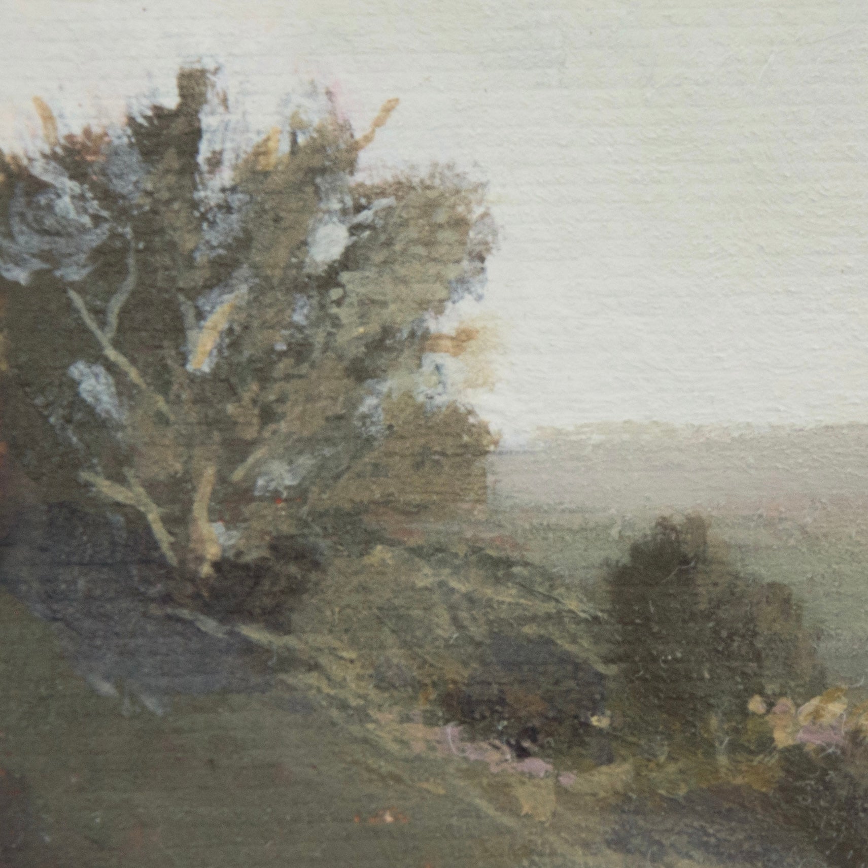 Close-up detail of plein air brushstrokes and green and yellow tree textures in Pinnacles National Park art