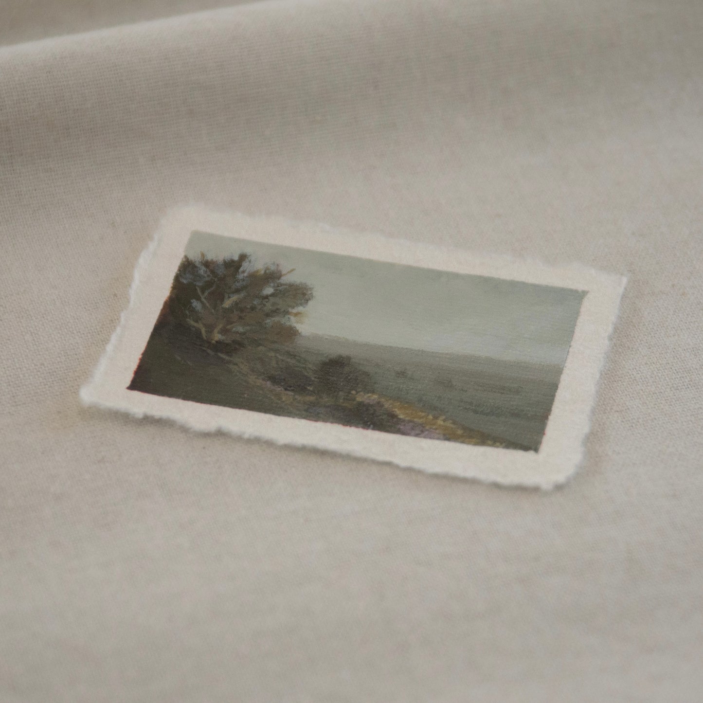 Side profile of large tree and pinnacles overlook in Pinnacles National Park on deckled edge 100% cotton rag paper